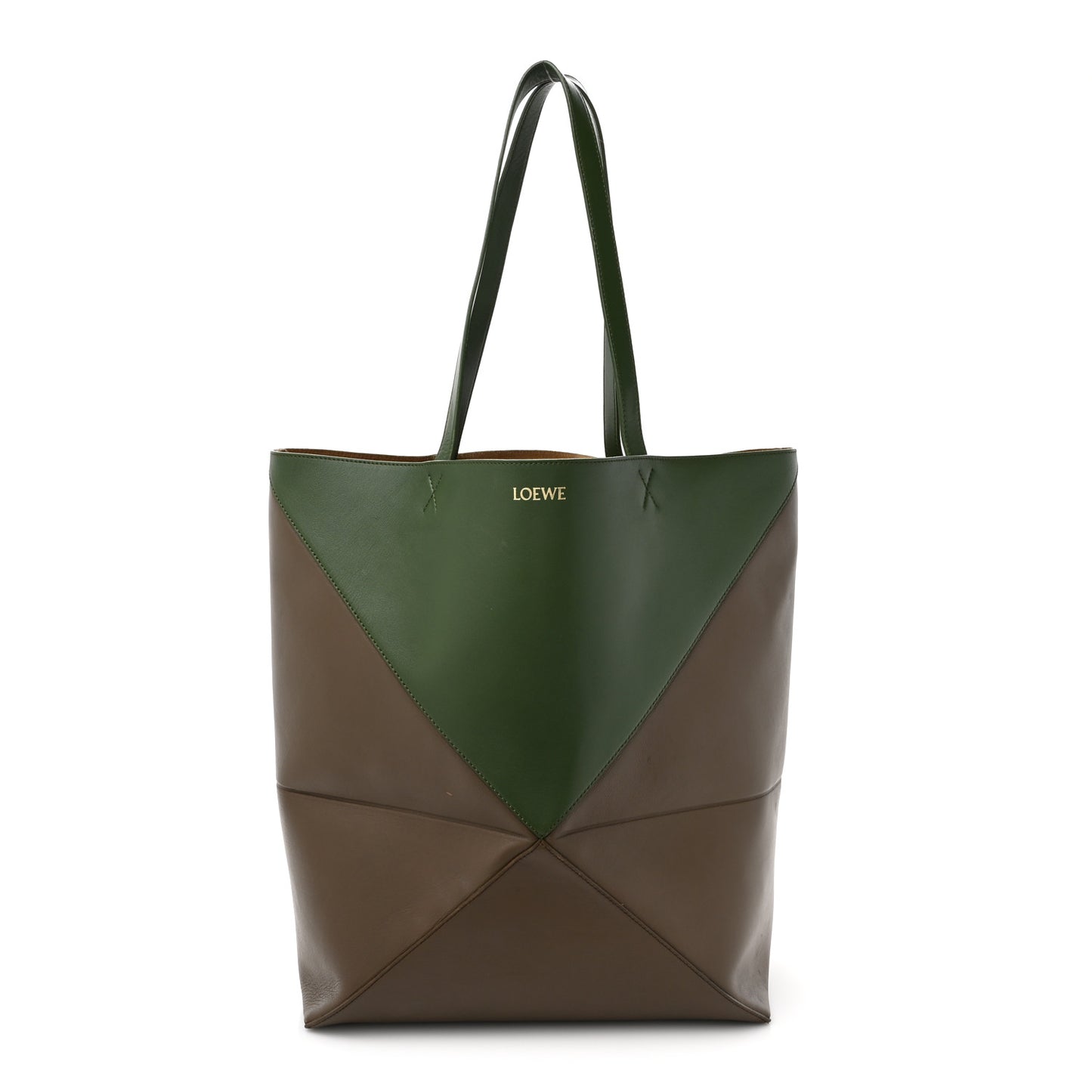 Shiny Calfskin Large Puzzle Fold Tote Umber Hunter Green