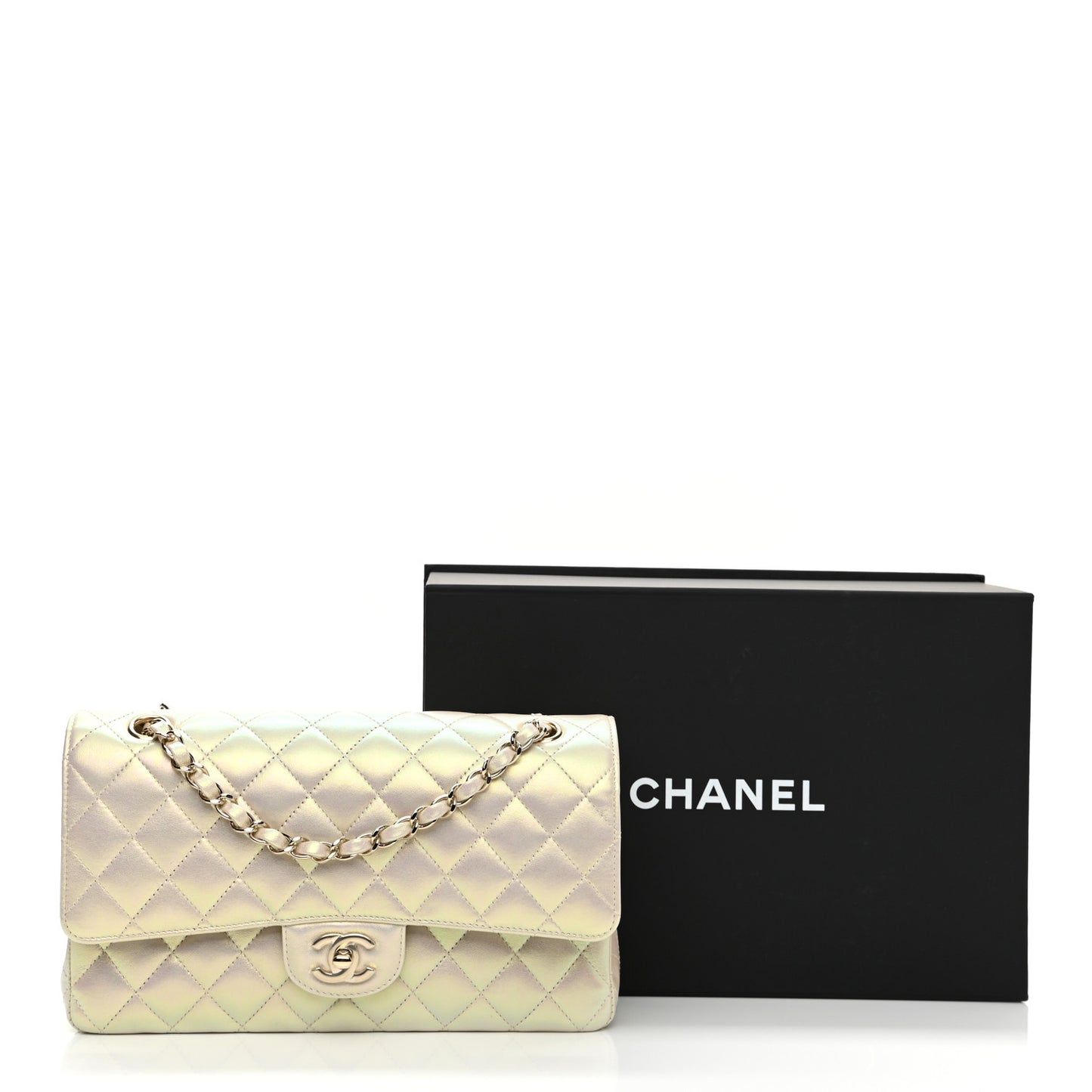 Iridescent Lambskin Quilted Medium Double Flap Ivory