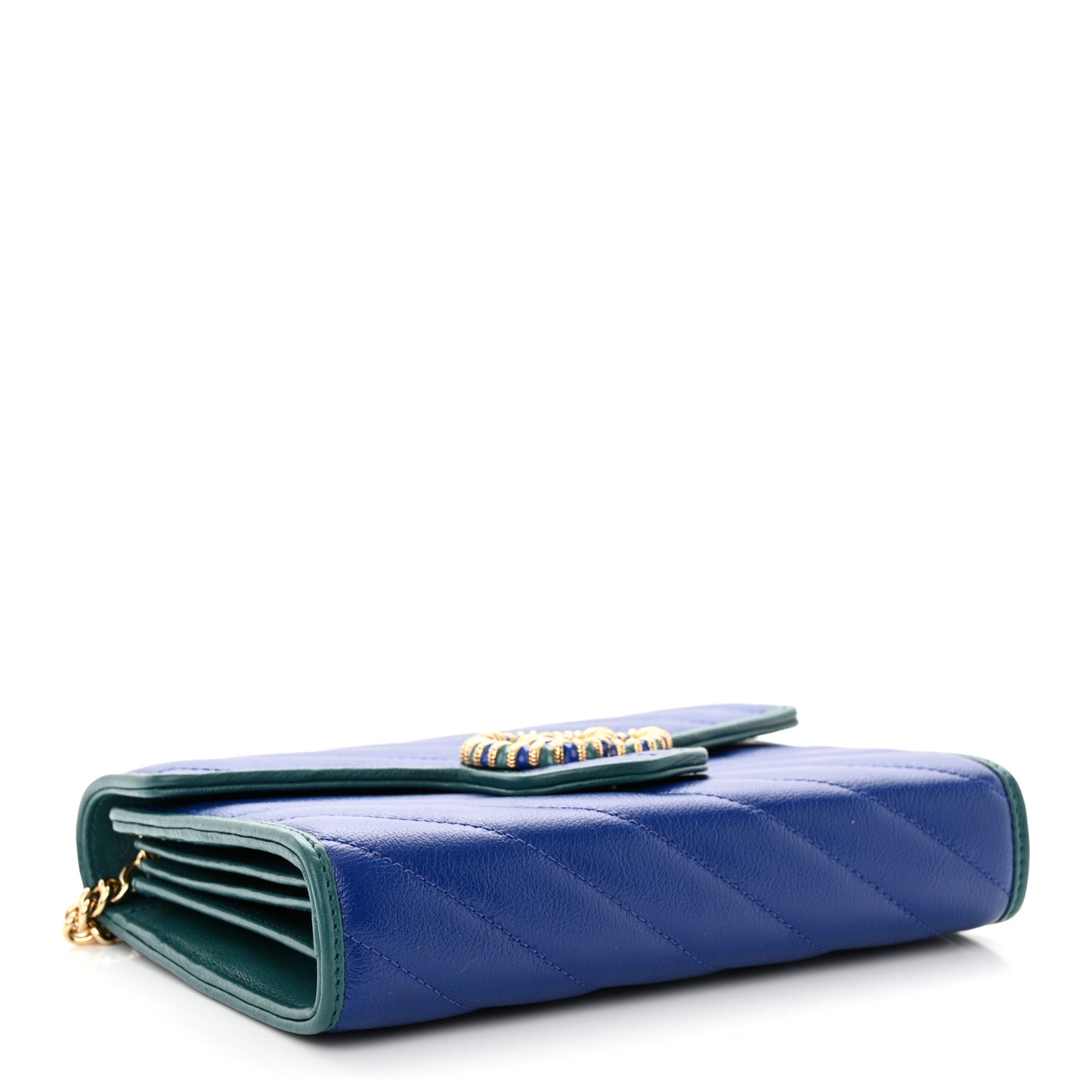Azalea Calfskin Enamel Matelasse Diagonal Torchon GG Marmont Chain Wallet Imperial Blue Pavone
