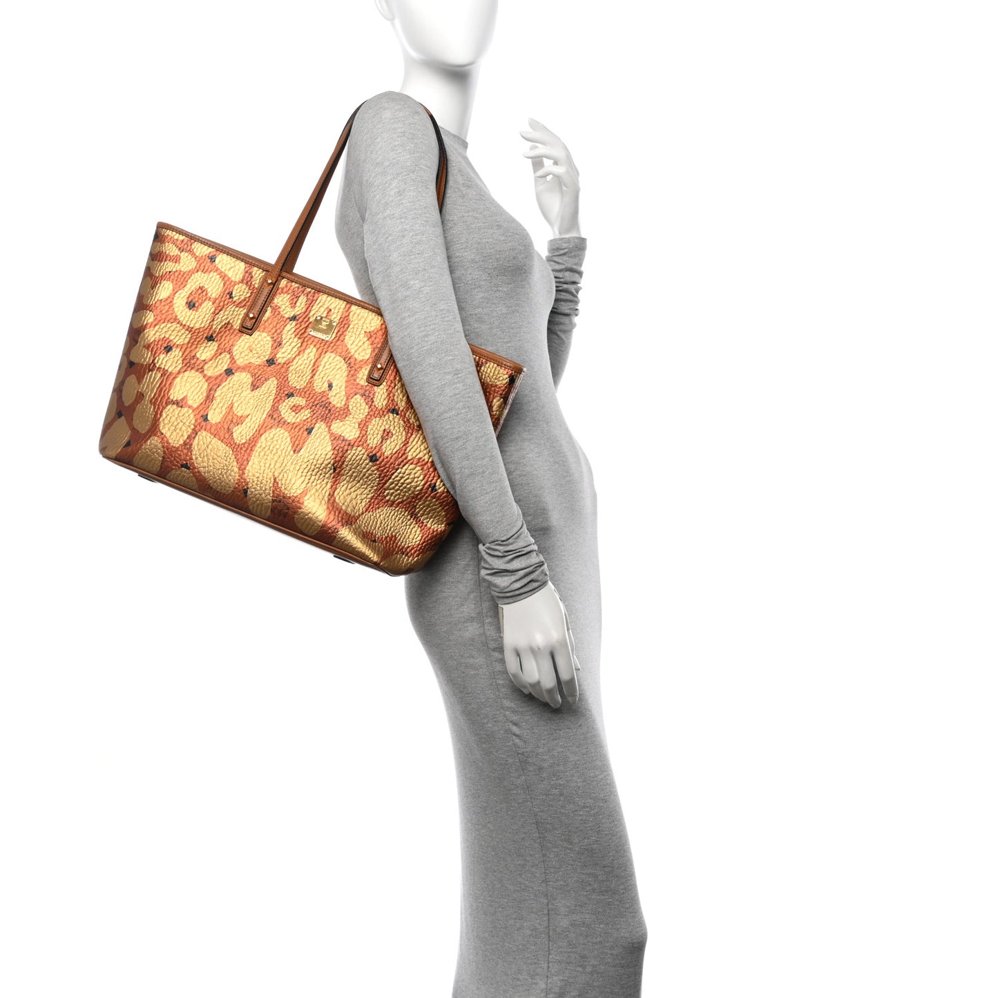 Visetos Metallic Leopard Print Medium Anya Shopper Tote Cognac