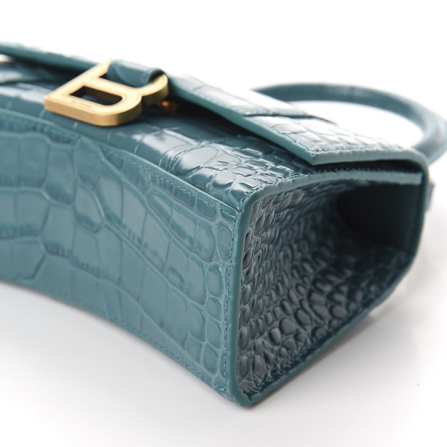 Shiny Calfskin Crocodile Embossed Hourglass Top Handle Bag XS Dark Turquoise