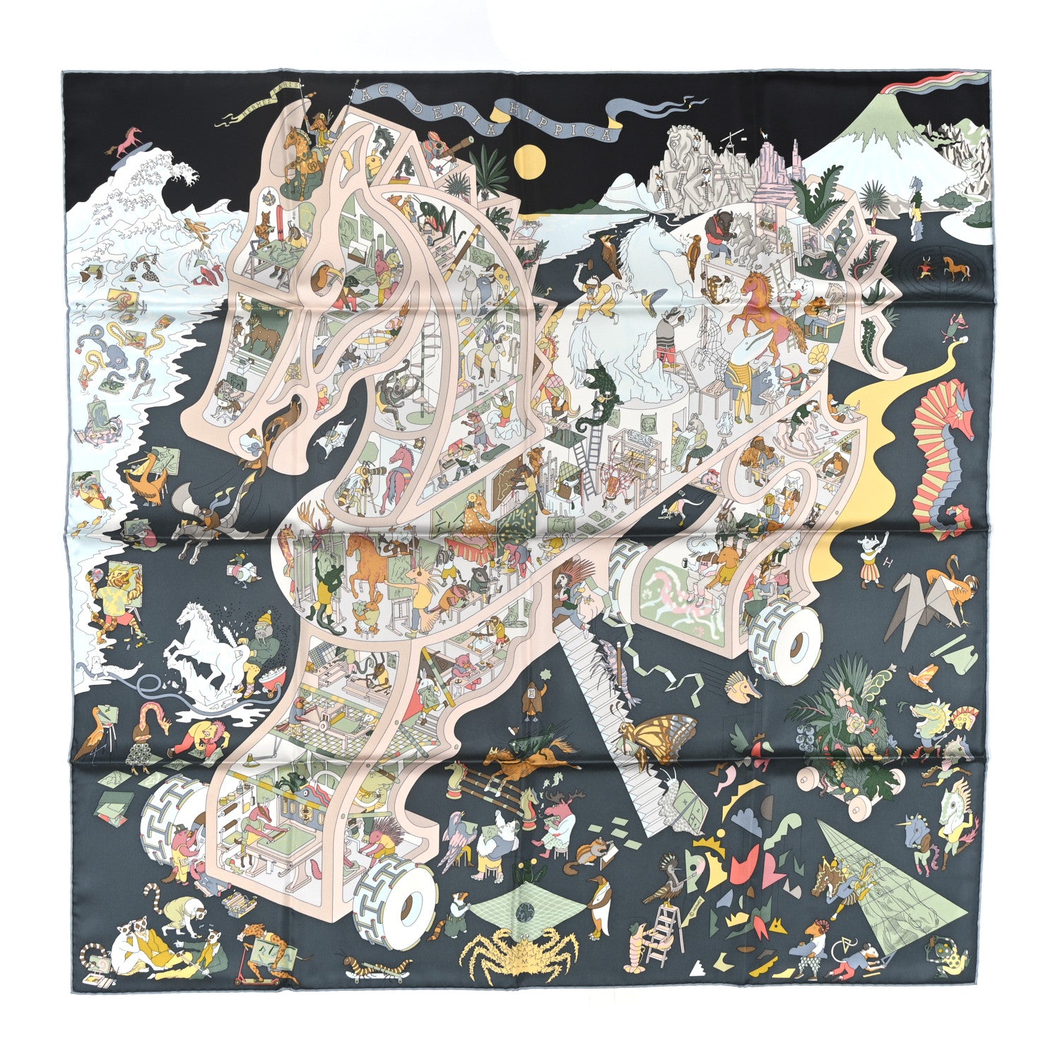 Hermes Silk Academia Hippica Scarf 90 Black Ardoise Rose 1791587