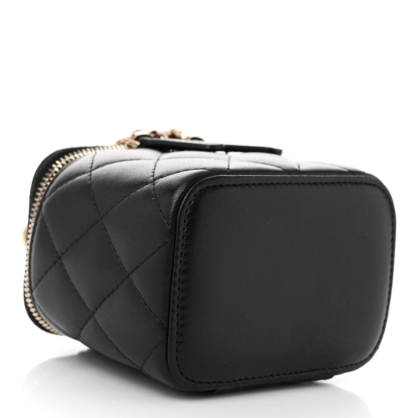 Lambskin Quilted Top Handle Mini Vanity Case With Chain Black