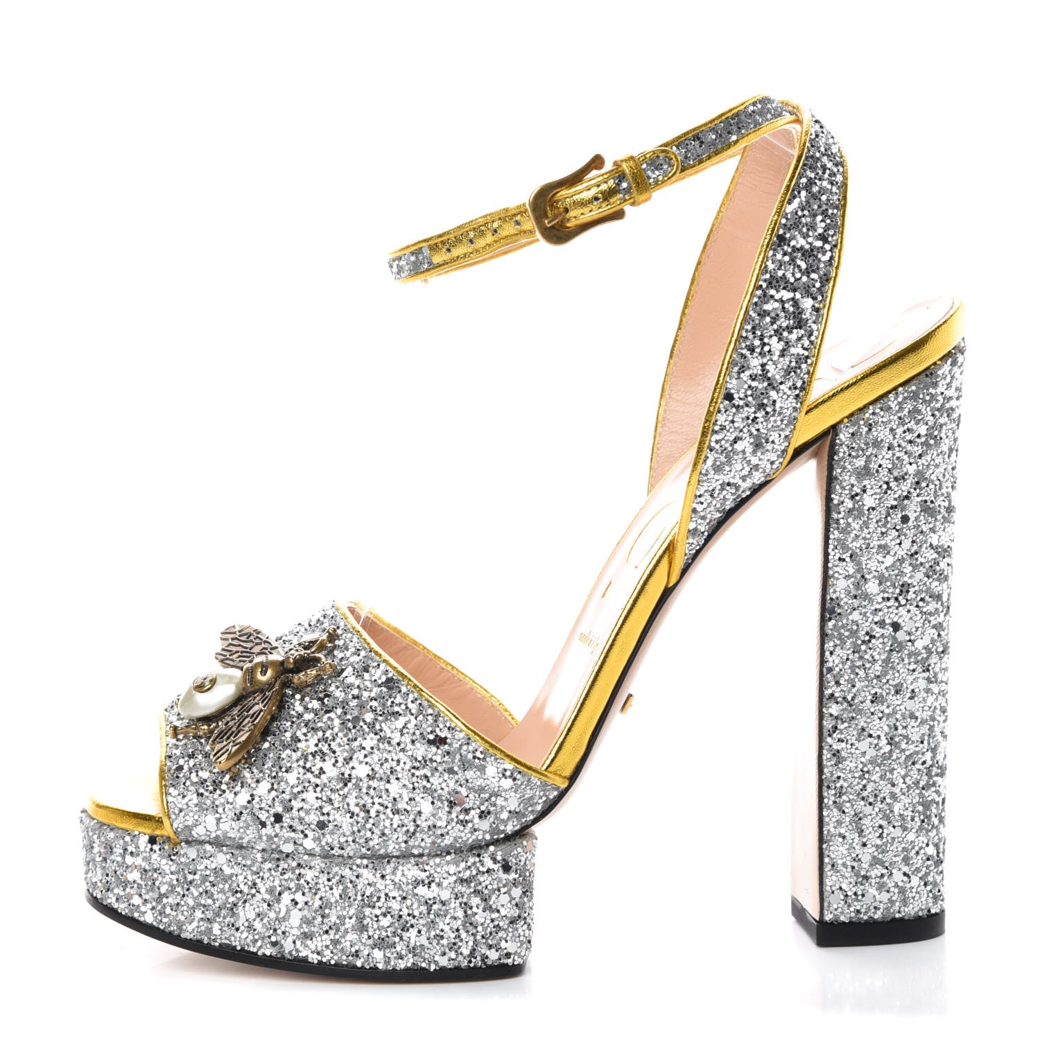 Gucci Glitter Soko Bee Platform High Heel Sandals 40 Argento Oro