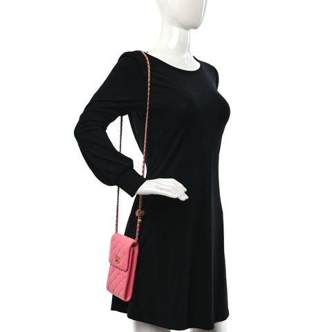 Lambskin Quilted Pearl Crush Phone Holder With Chain Pink
