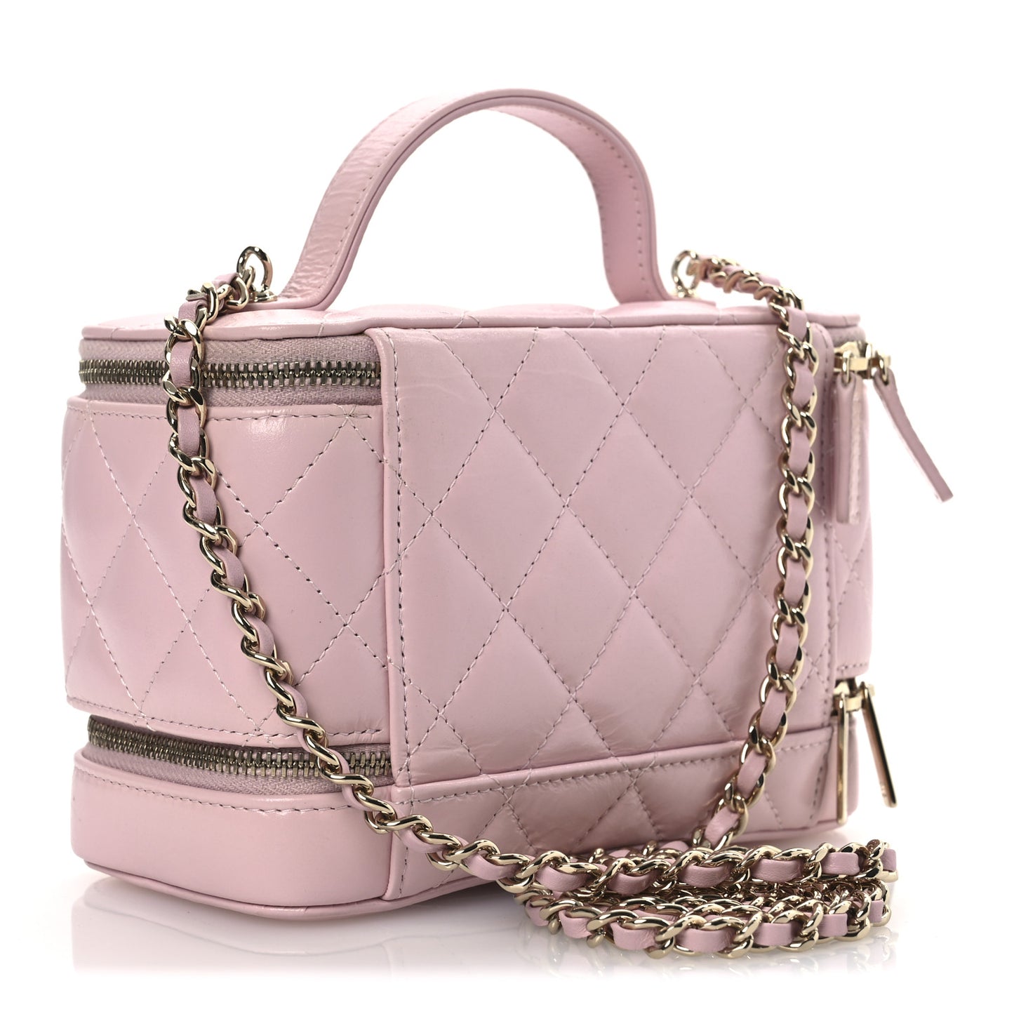 Shiny Lambskin Quilted Top Handle Vanity Case With Chain Pink