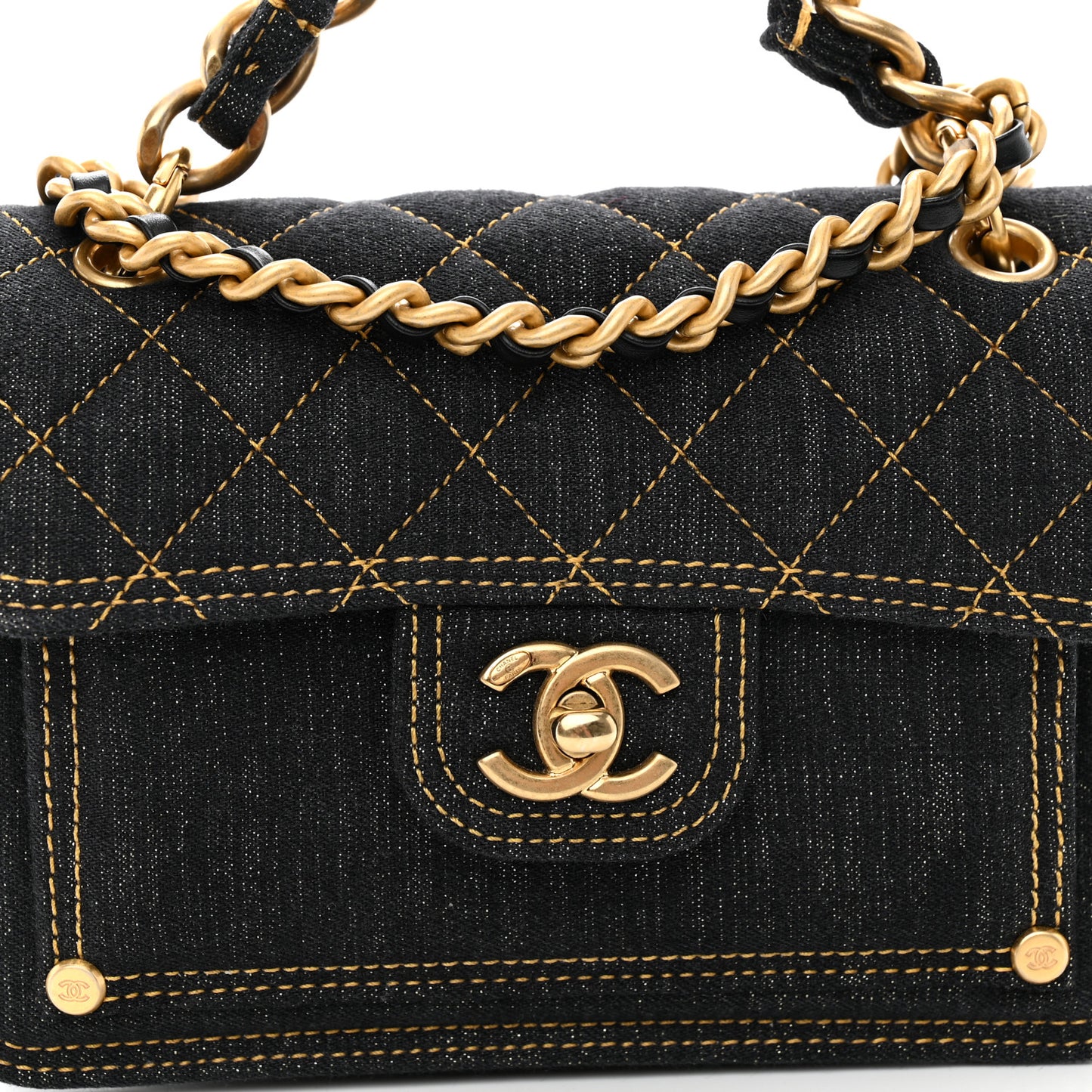 Denim Quilted Double You Mini Flap Black Golden