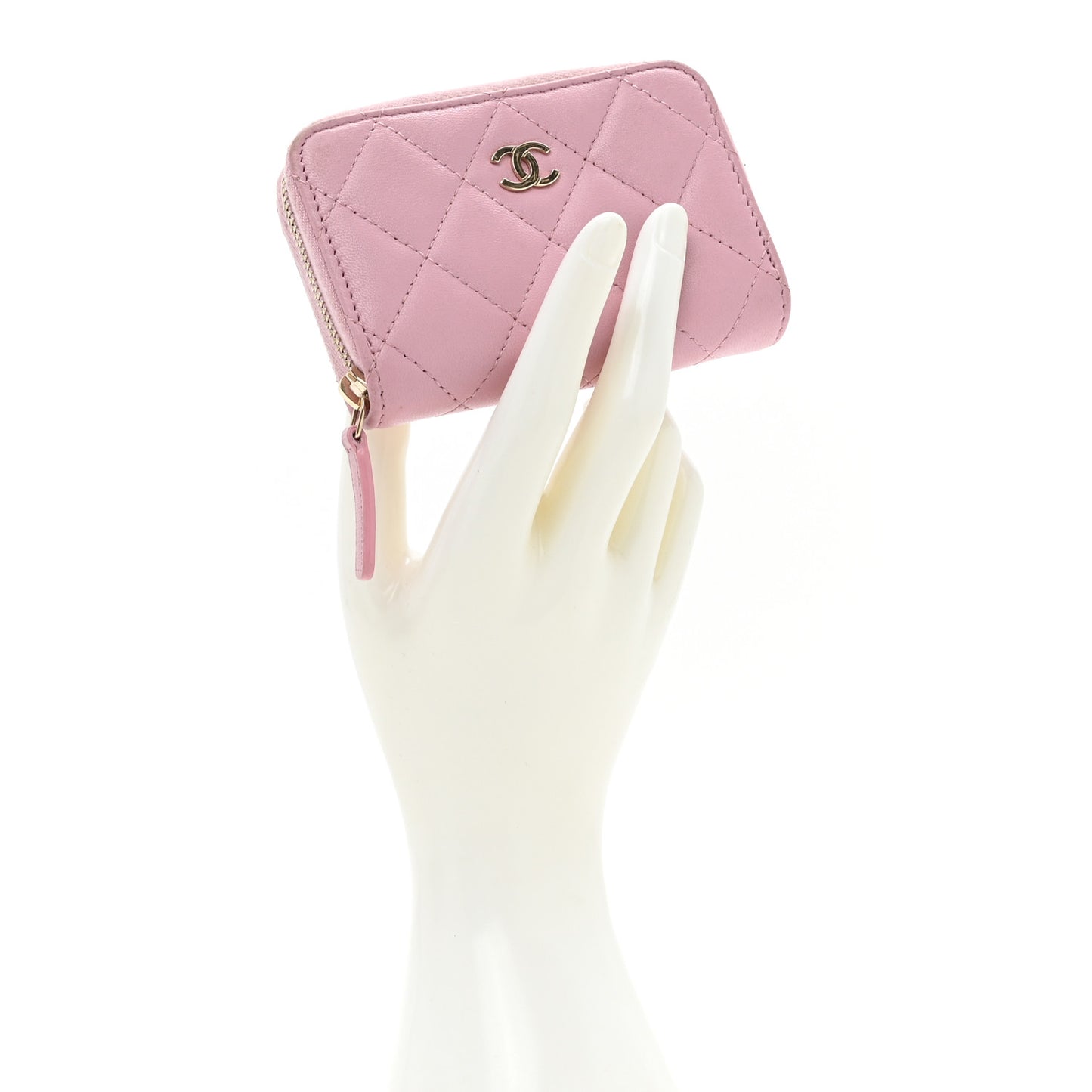 Iridescent Calfskin Quilted Zip Coin Purse Wallet Light Pink