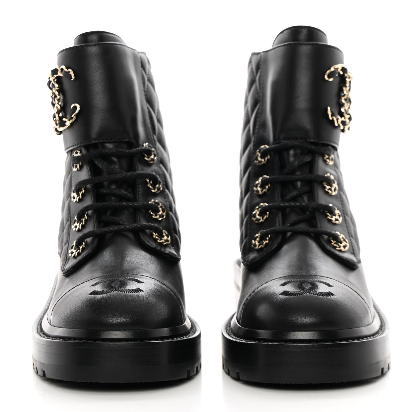 Shiny Lambskin Quilted Lace Up Combat Boots 35.5 Black