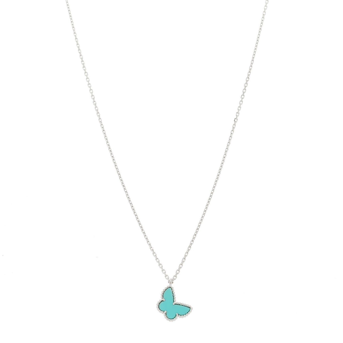 18K White Gold Turquoise Sweet Alhambra Butterfly Pendant Necklace