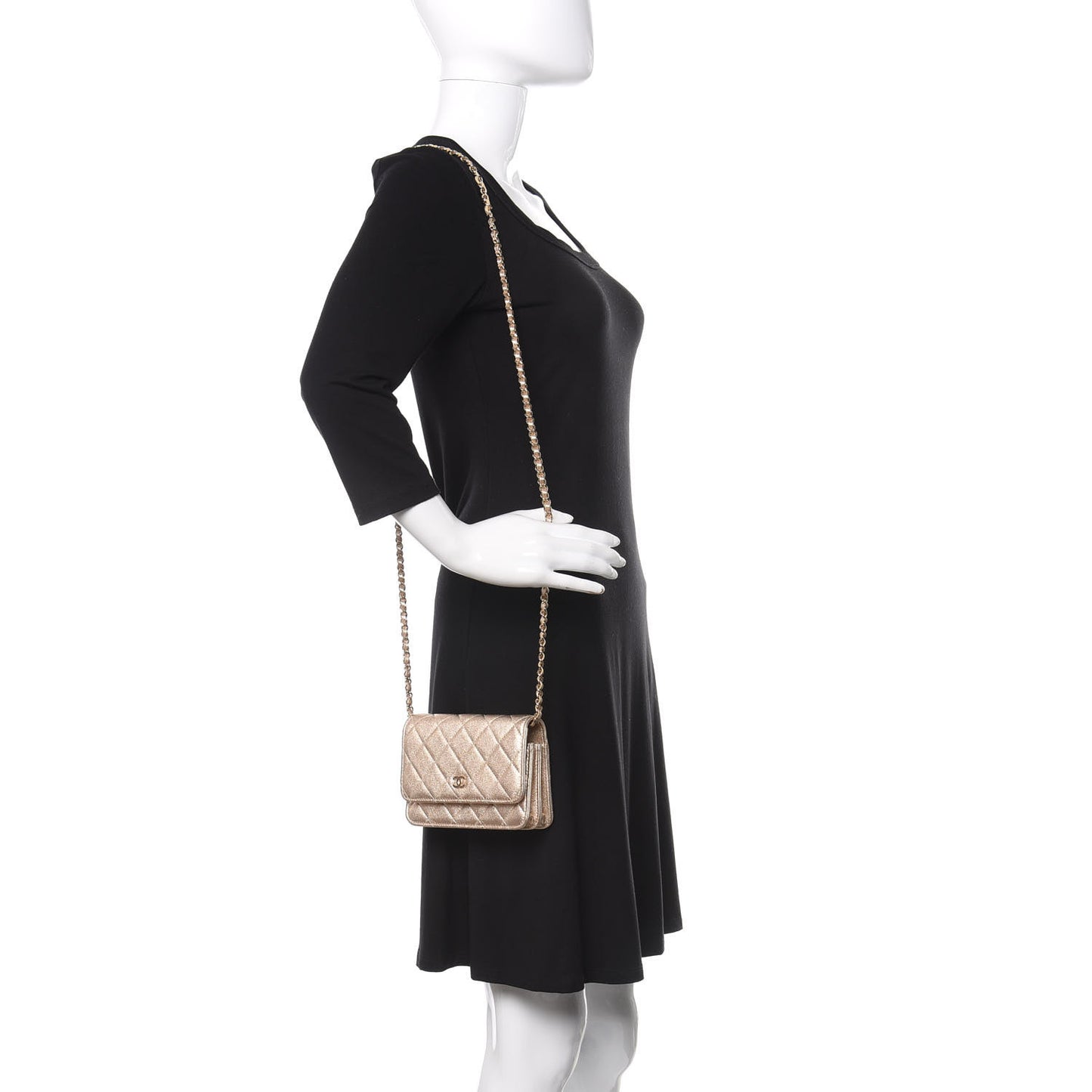 Metallic Lambskin Quilted Mini Wallet On Chain WOC Gold
