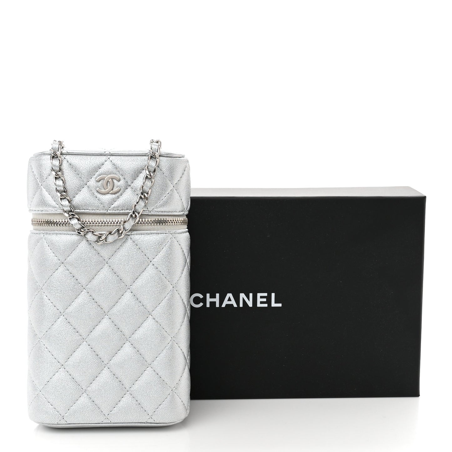 Metallic Lambskin Quilted Phone Holder With Chain Silver