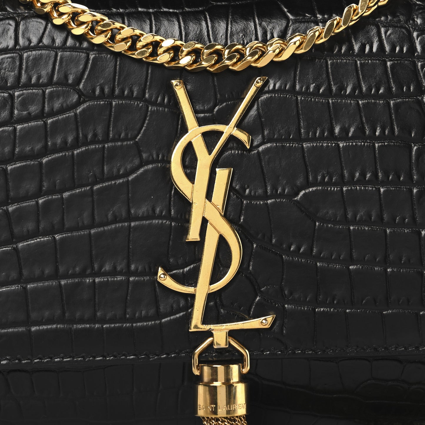 Calfskin Crocodile Embossed Small Classic Monogram Kate Tassel Satchel Black