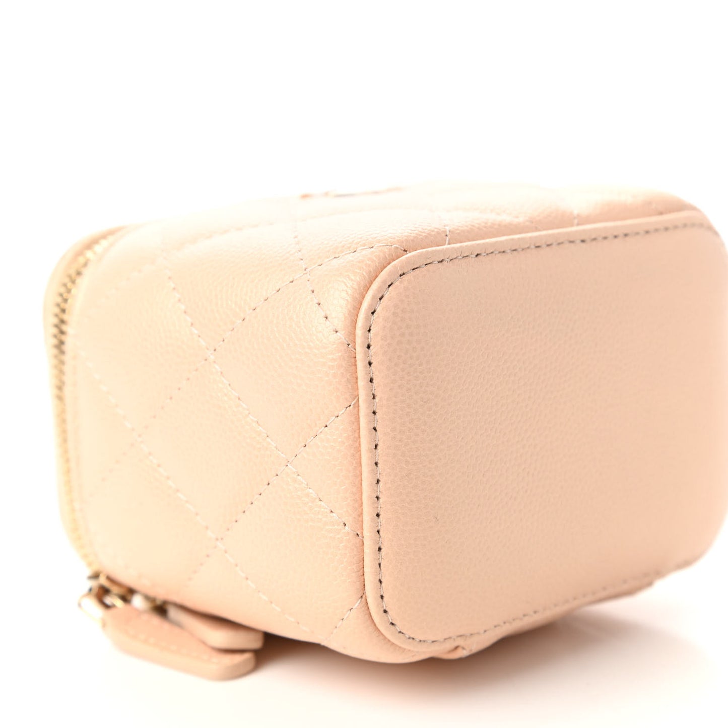 Iridescent Caviar Quilted Mini Pearl On Top Vanity Case With Chain Beige