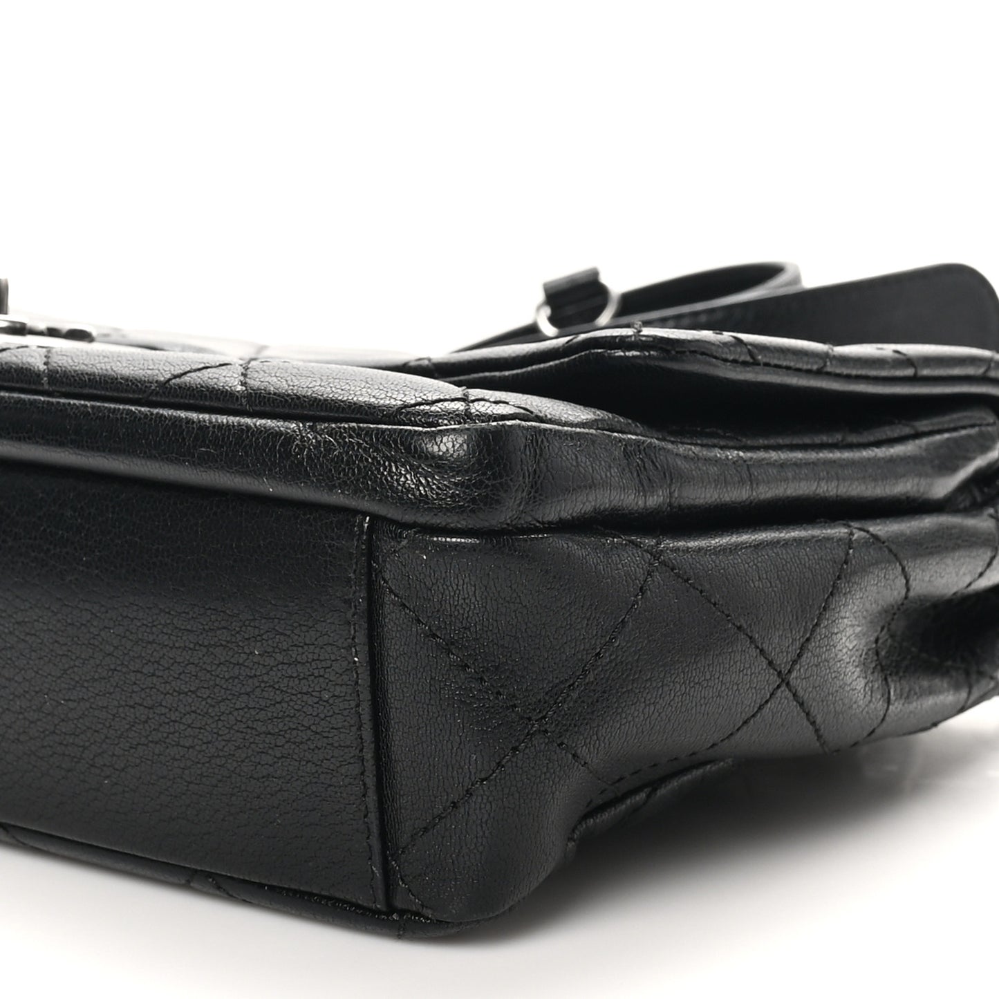 Shiny Goatskin Quilted Large Double Carry Waist Chain Flap Black