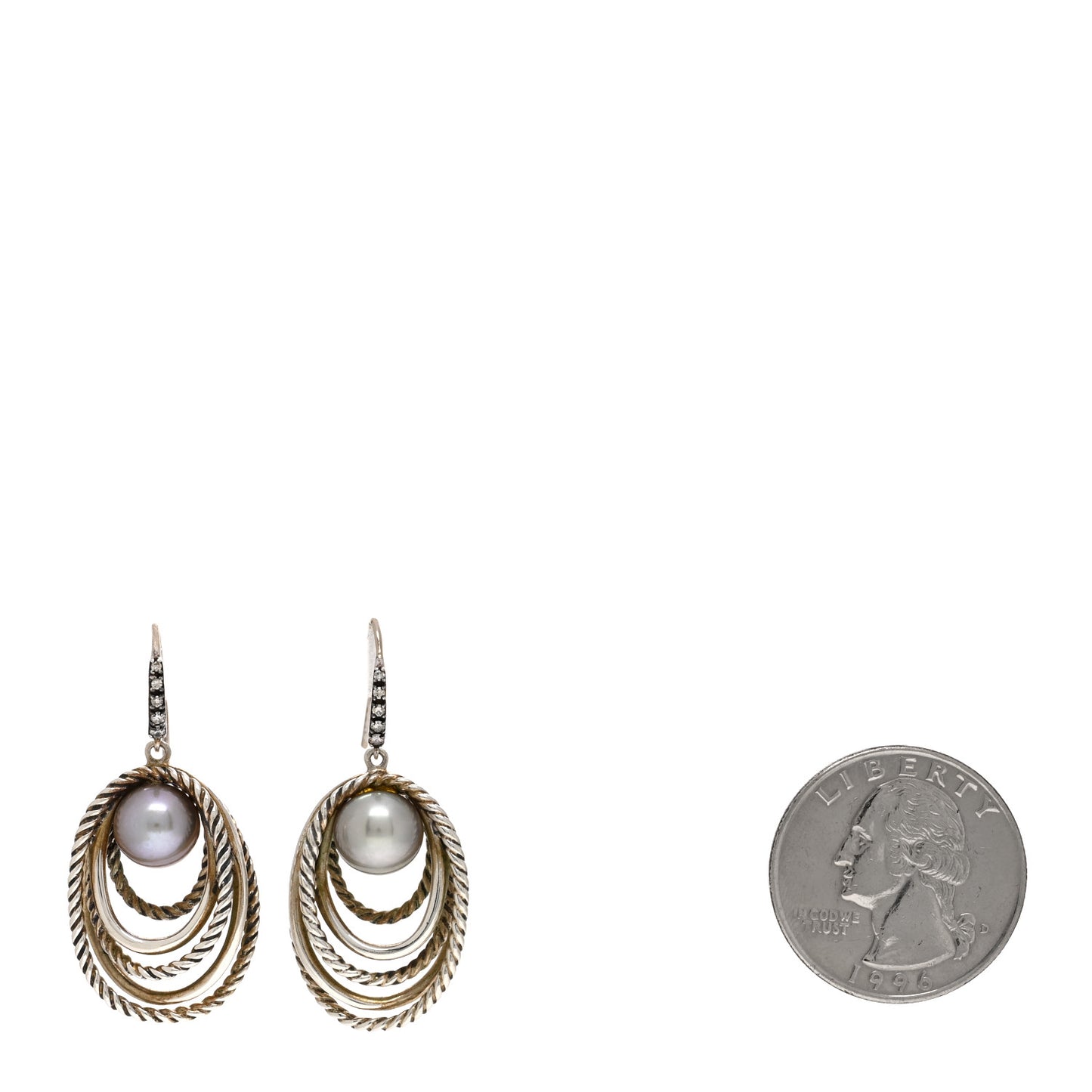 Sterling Silver Gray Pearl Diamond Crossover Cable Drop Earrings