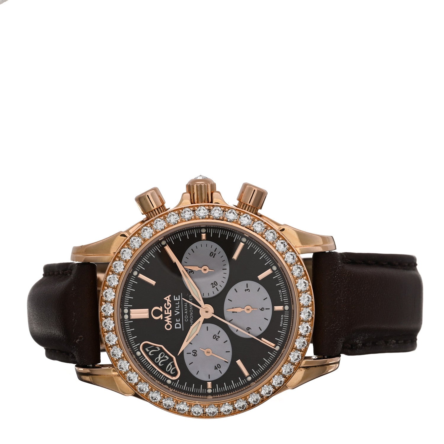 Omega 18K Rose Gold Alligator Diamond Mother of Pearl 35mm De Ville Co-Axial Chronograph Automatic Watch Brown 4677.60.37 2 of 4