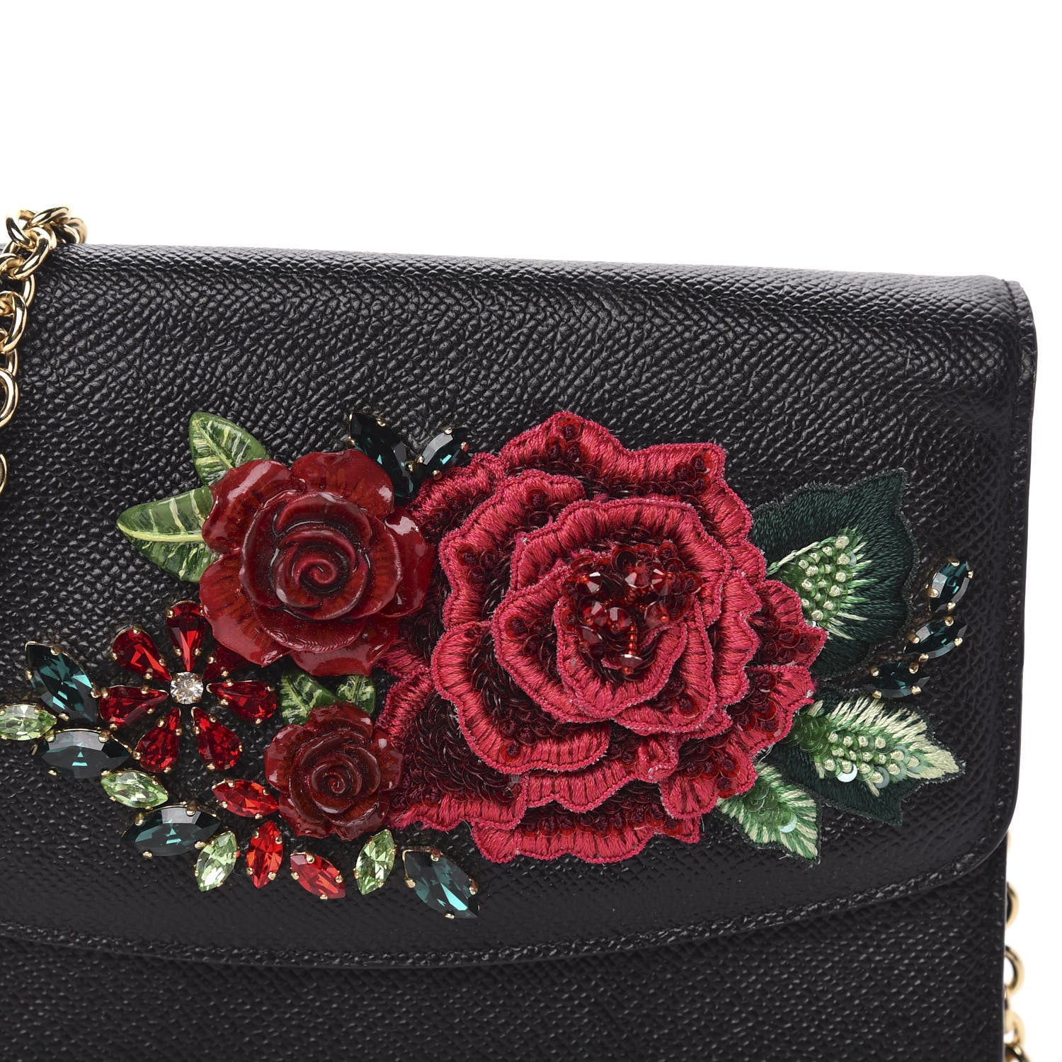 Dolce & Gabbana Dauphine Stampa Crystal Small Roses Wallet On Chain Black 9 of 9