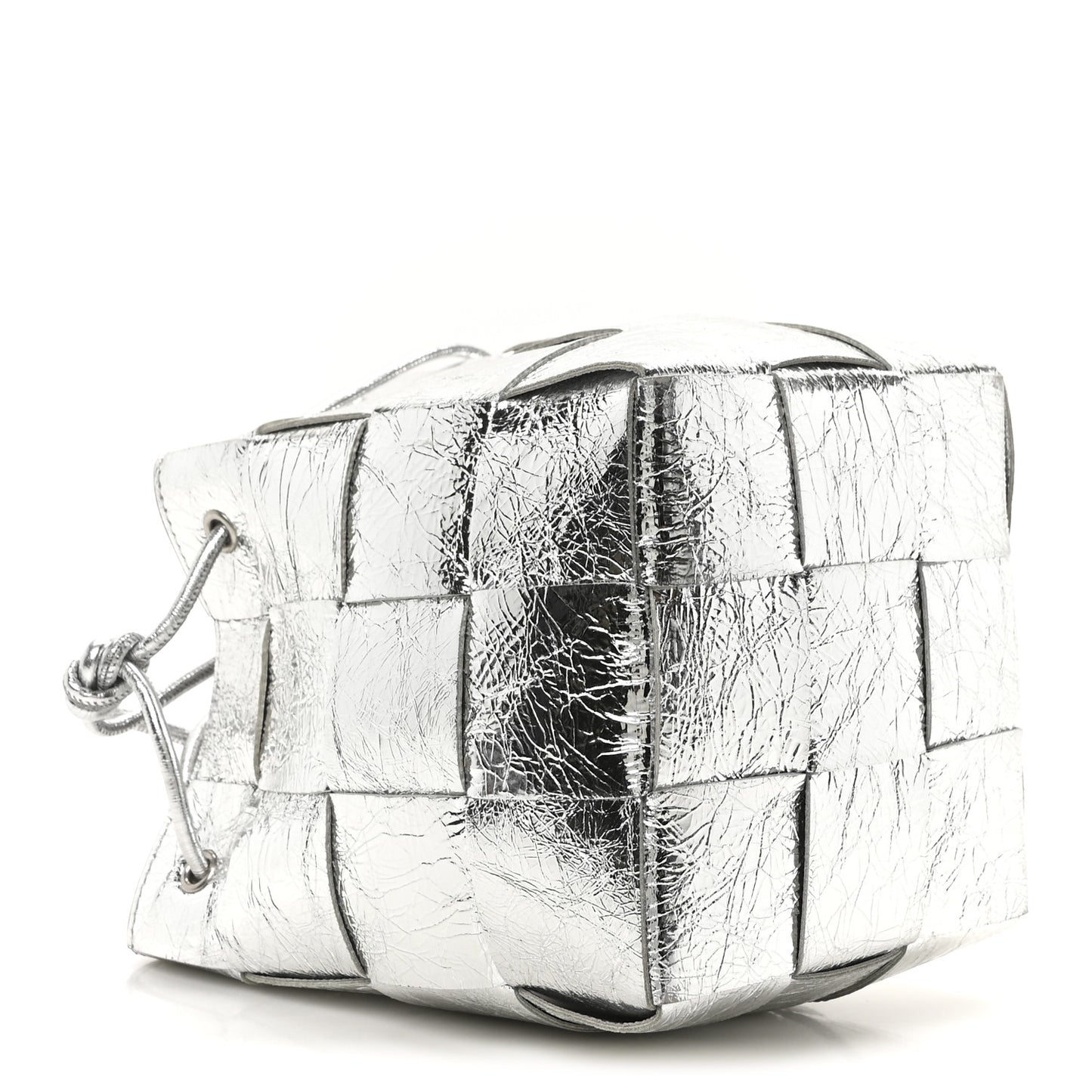 Metallic Crinkled Lambskin Maxi Intrecciato Cassette Bucket Bag Silver