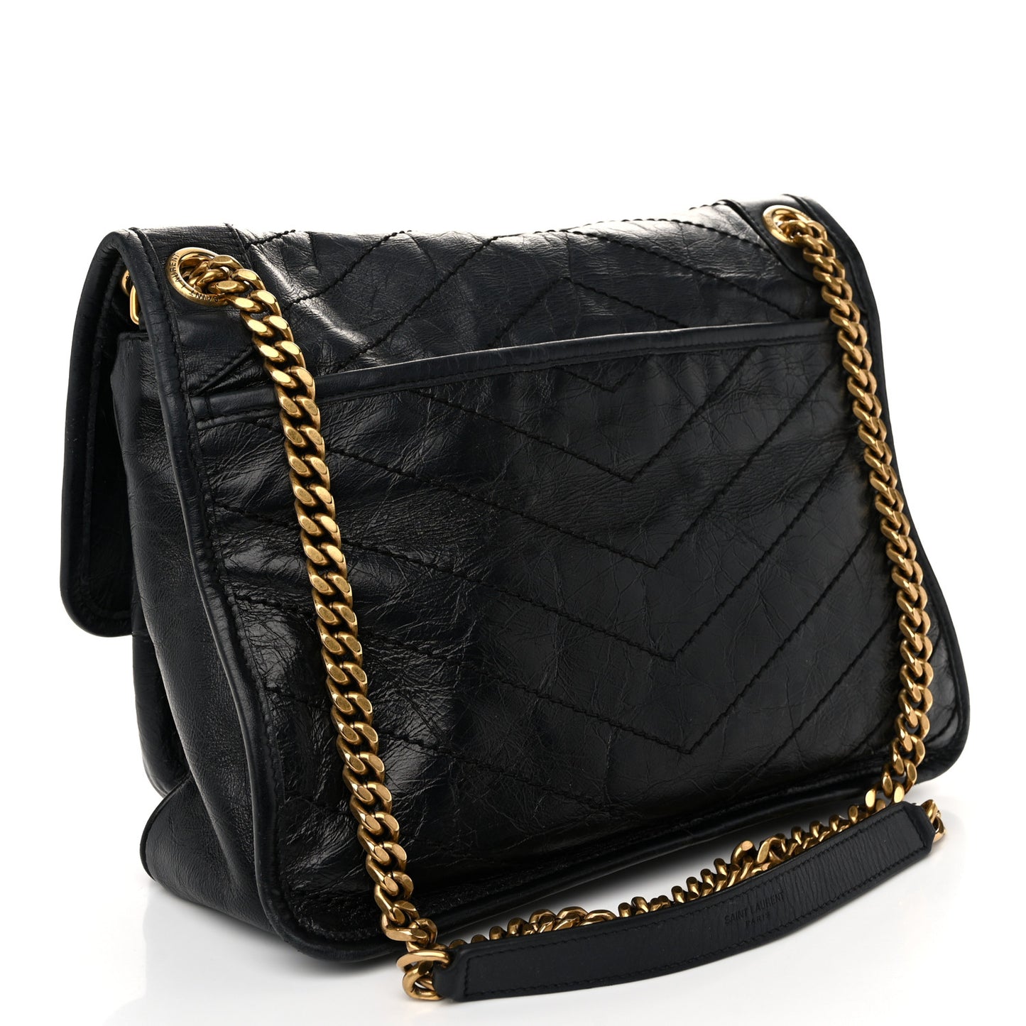 Crinkled Calfskin Matelasse Monogram Medium Niki Chain Satchel Black