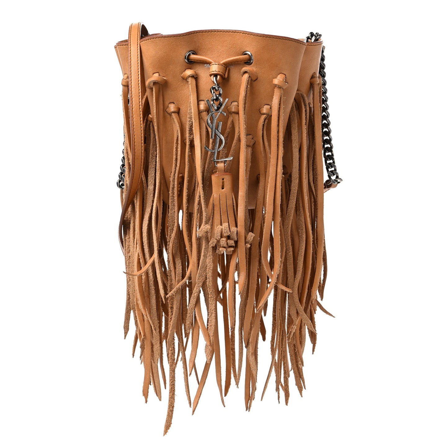 Calfskin Fringe Monogram Mini Bourse Bucket Bag Tan