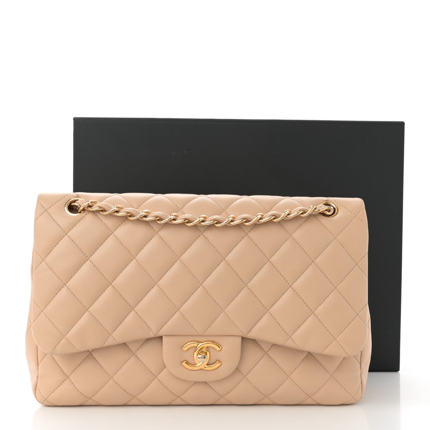 Lambskin Quilted Jumbo Double Flap Beige