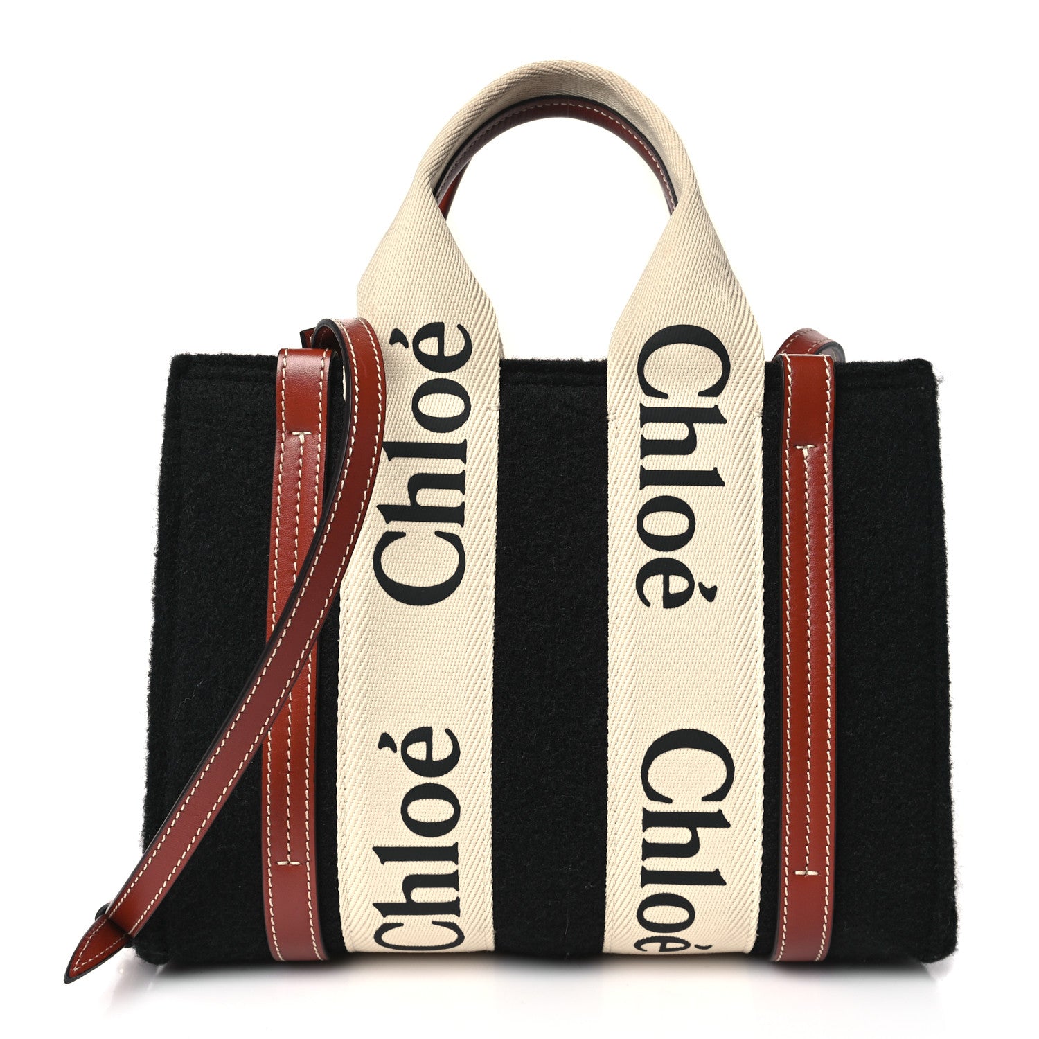 Chloe Felt Calfskin Small Woody Ribbon Tote With Strap Black 1 of 11