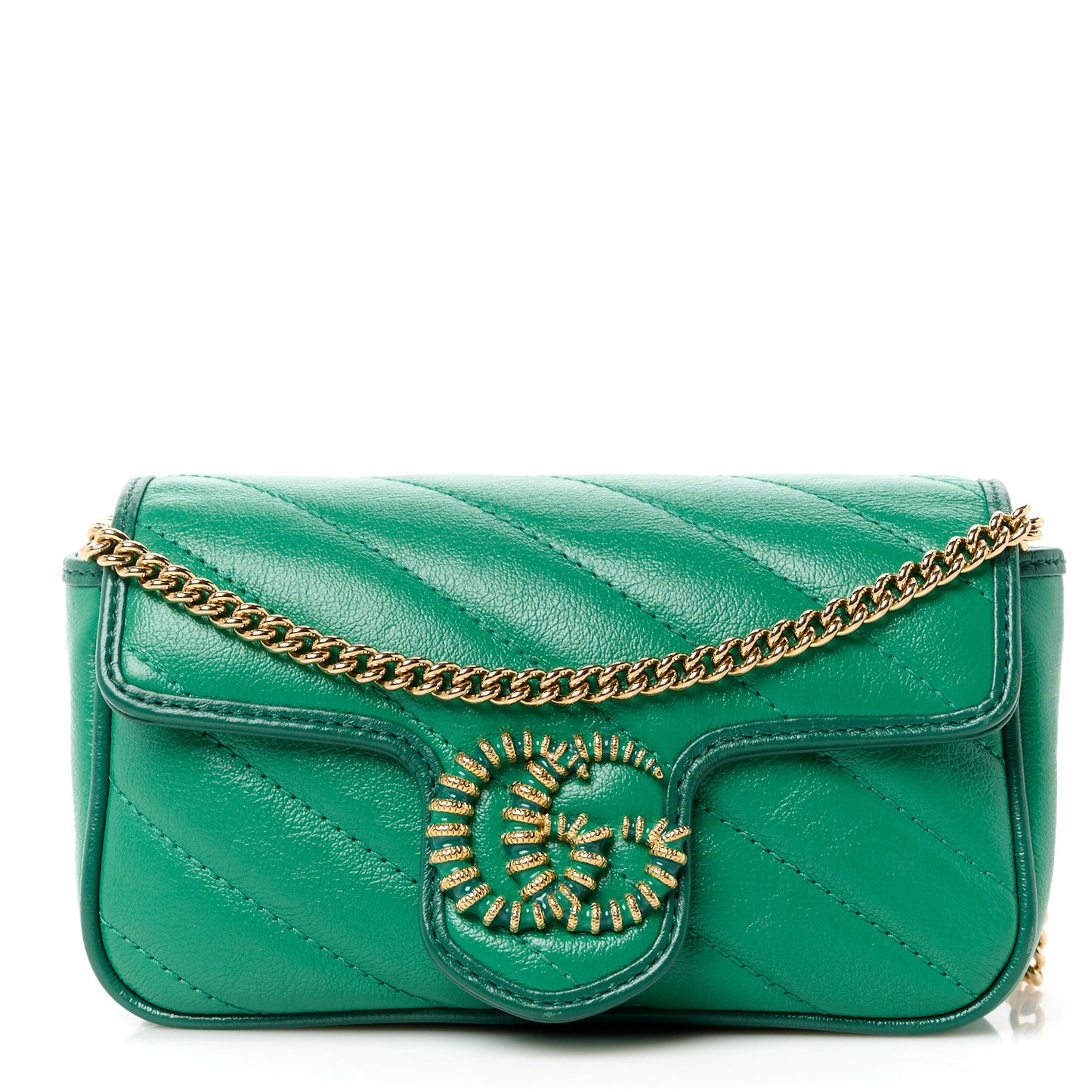 Azalea Calfskin Enamel Matelasse Diagonal Super Mini Torchon GG Marmont Shoulder Bag New Shamarock Emerald