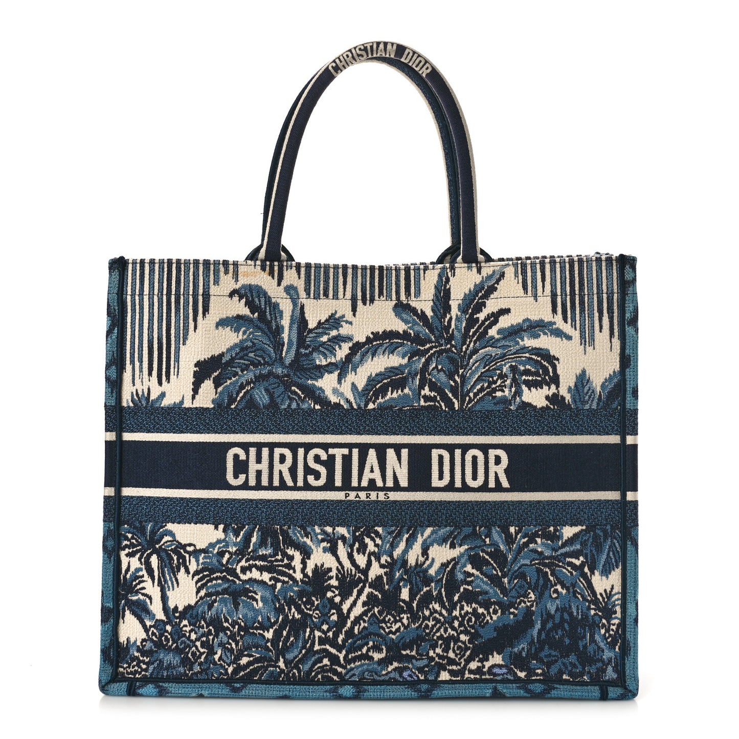 CHRISTIAN DIOR Canvas Embroidered Large Palm Tree Toile De Jouy Book Tote Blue Multicolor