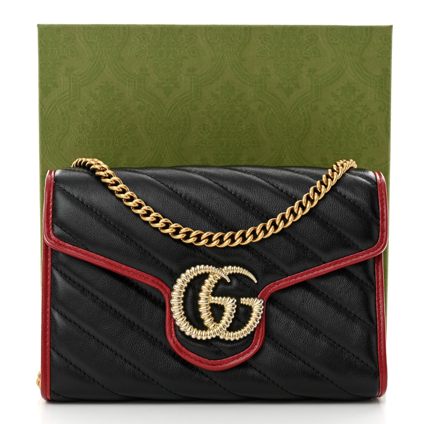 Vintage Effect Calfskin Matelasse Diagonal Torchon GG Marmont Chain Wallet Black Romantic Cherry