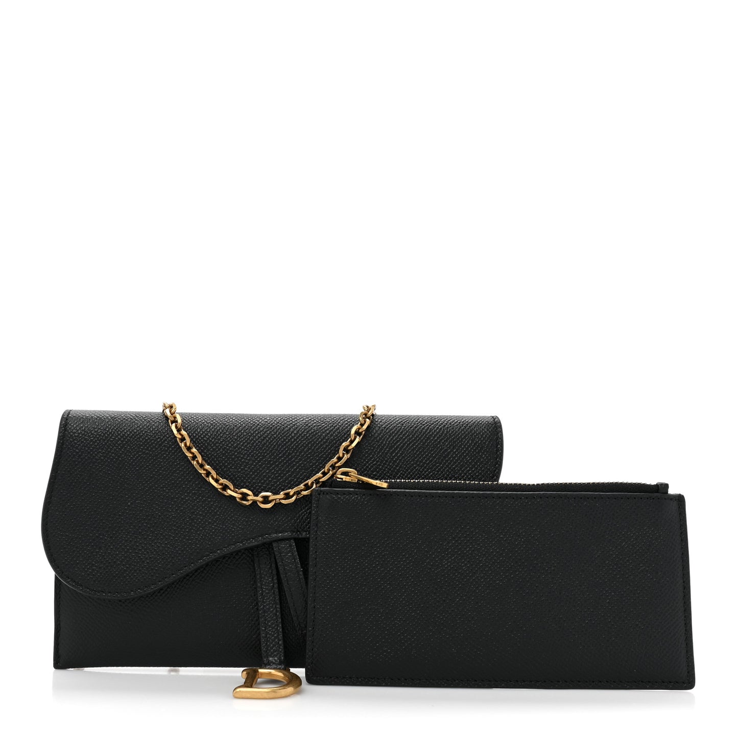 Grained Calfskin Saddle Chain Wallet Pouch Black