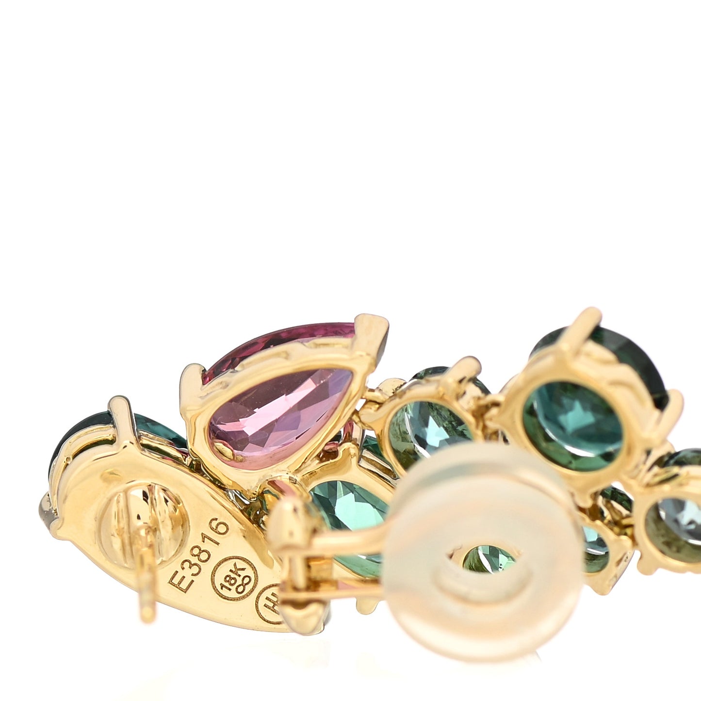 18K Yellow Gold Pink Green Tourmaline Cinta Drop Earrings