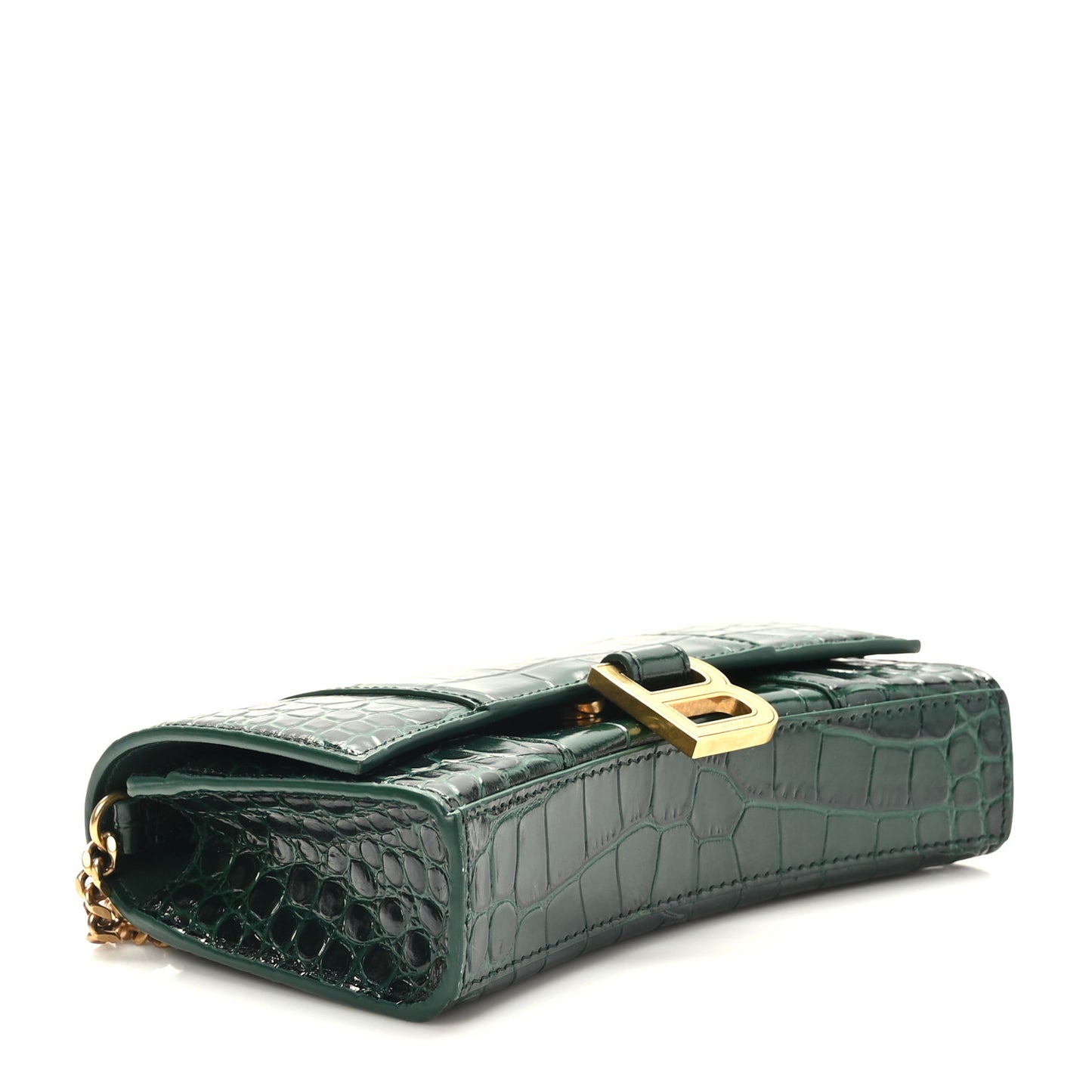 Shiny Calfskin Crocodile Embossed Hourglass Chain Bag Forest Green