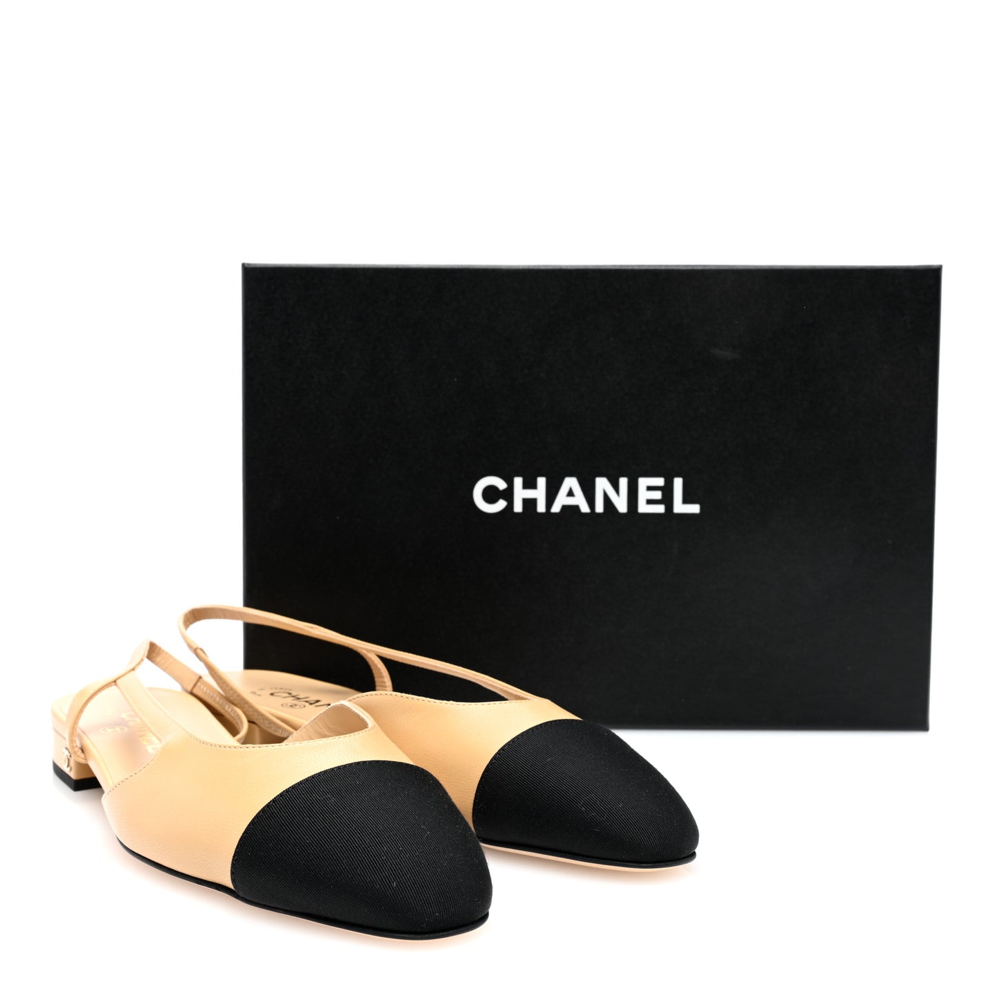 Goatskin Grosgrain CC Slingback Flats 39 Beige Black