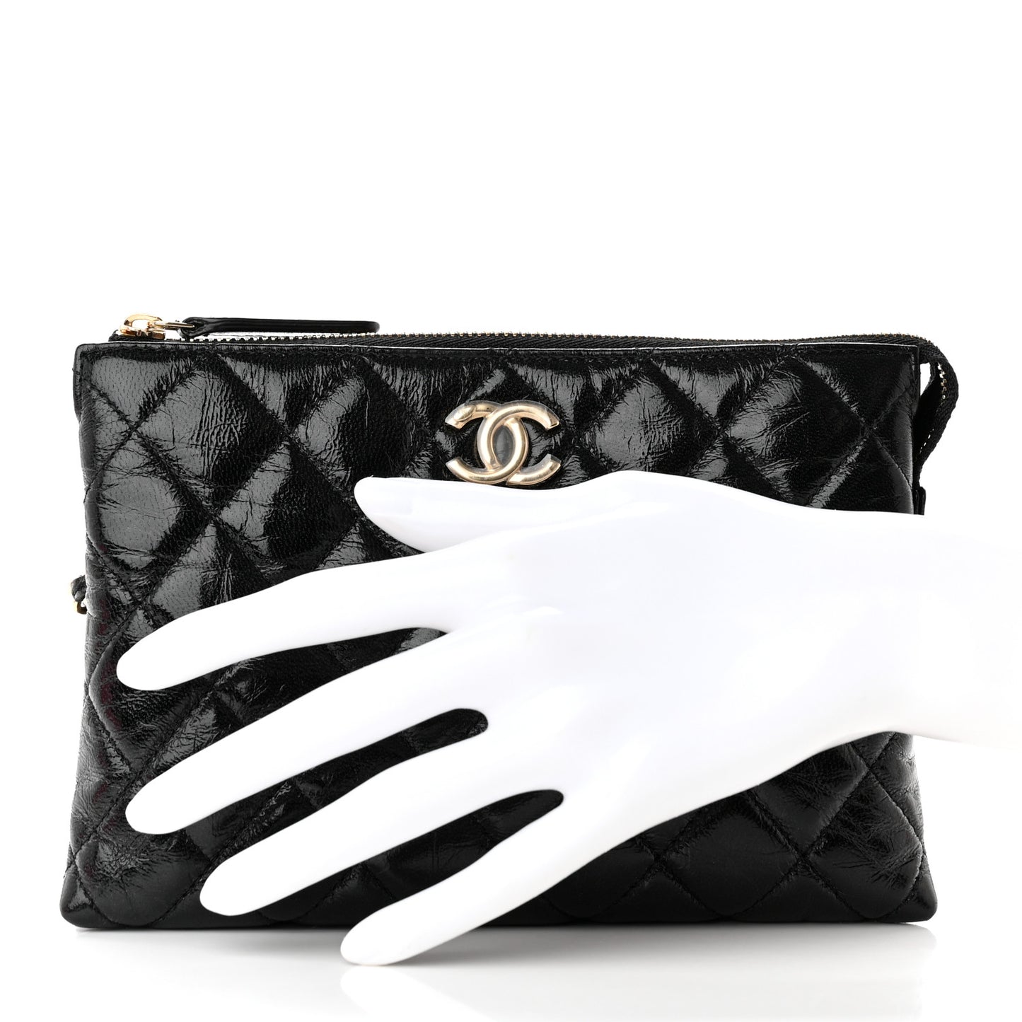 Shiny Crumpled Calfskin Quilted Clutch Bag Black