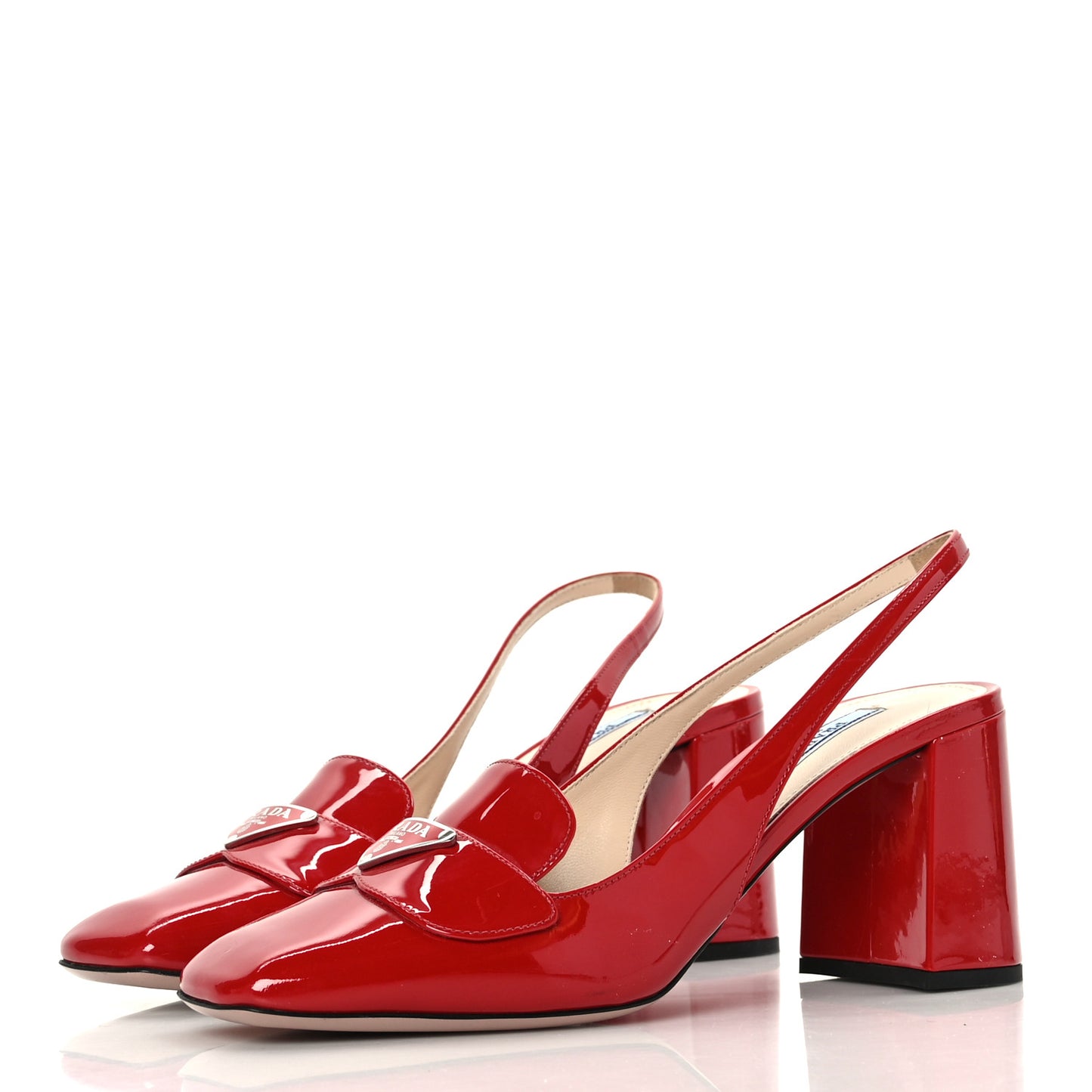 Patent Metal Triangle Logo Block Heel 75mm Slingback Pumps 39 Red