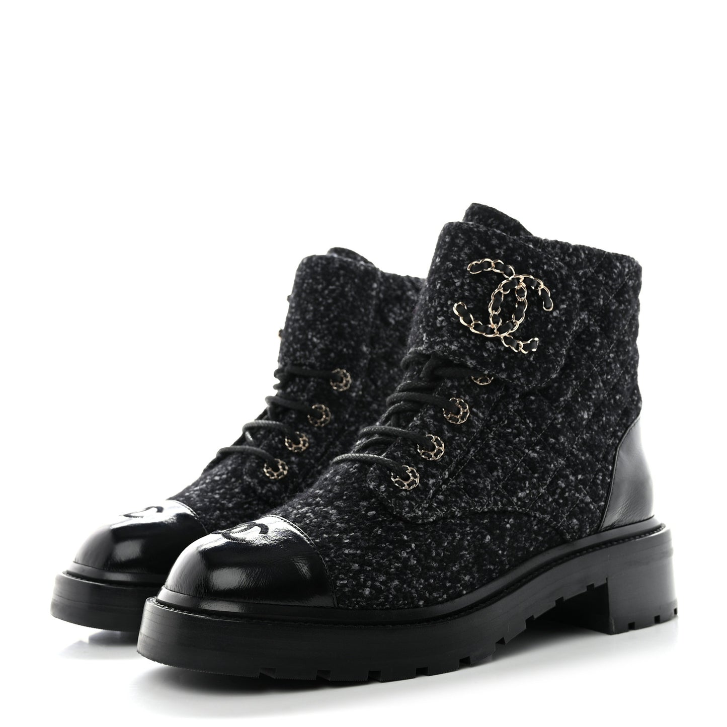 Tweed Lambskin Quilted Lace Up Combat Boots 41 Black Grey