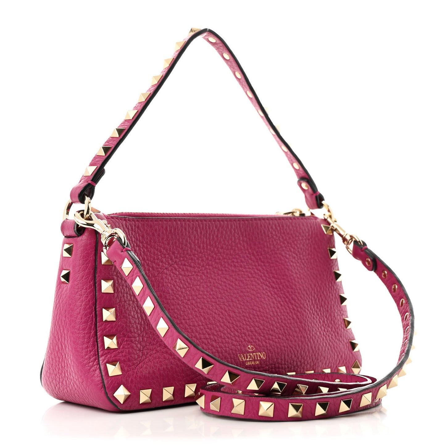 Pebbled Calfskin Small Rockstud Flip Lock Shoulder Bag Fuxia
