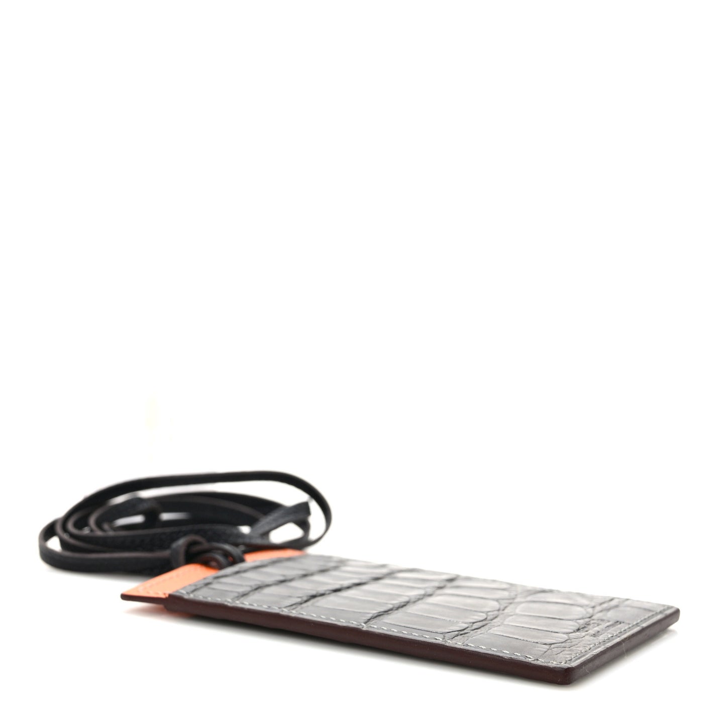 Matte Crocodile Epsom Petit H Lanyard Card Holder Graphite Orange