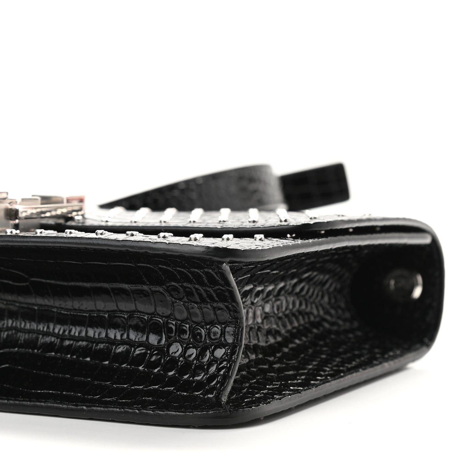 Crocodile Embossed Calfskin Crystal Embellished Carre Satchel Black