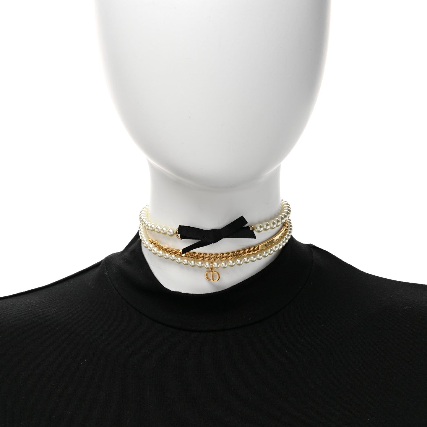 Metal Pearl Satin Le Noeud de Dior Choker Necklace Gold Black
