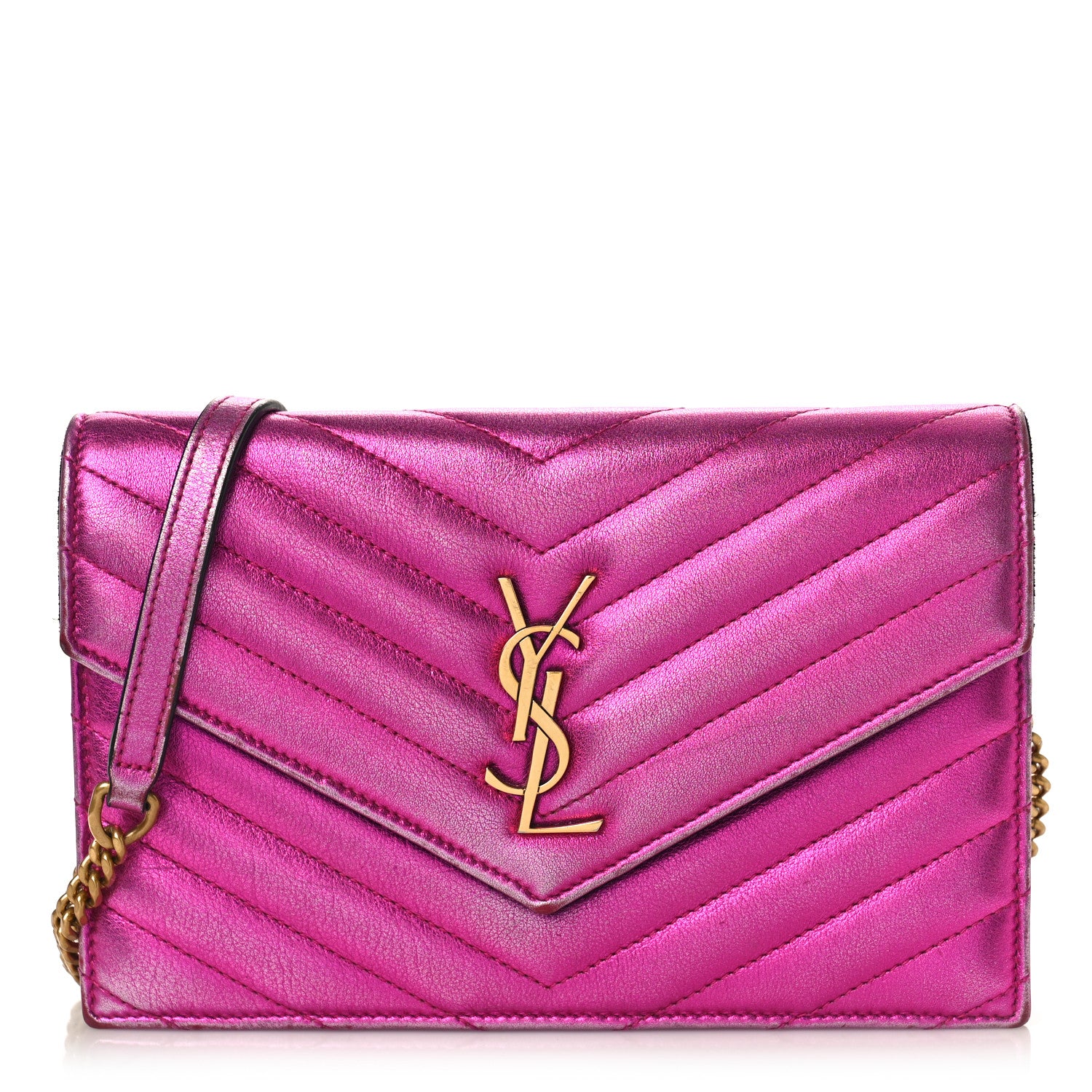 Saint Laurent Metallic Calfskin Matelasse Chevron Monogram Envelope Chain Wallet Fuchsia 1 of 10