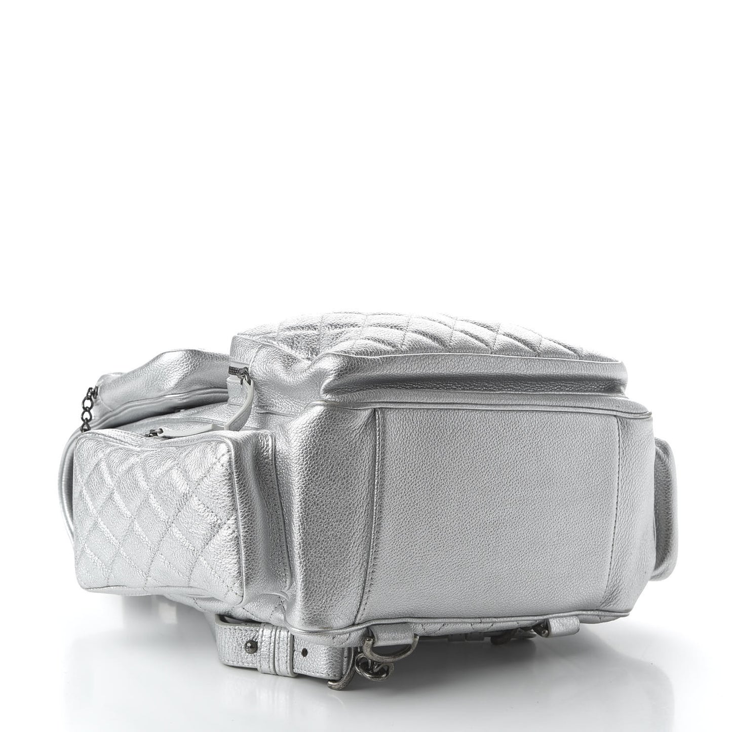 Metallic Grained Calfskin Quilted Large Casual Rock Backpack Silver