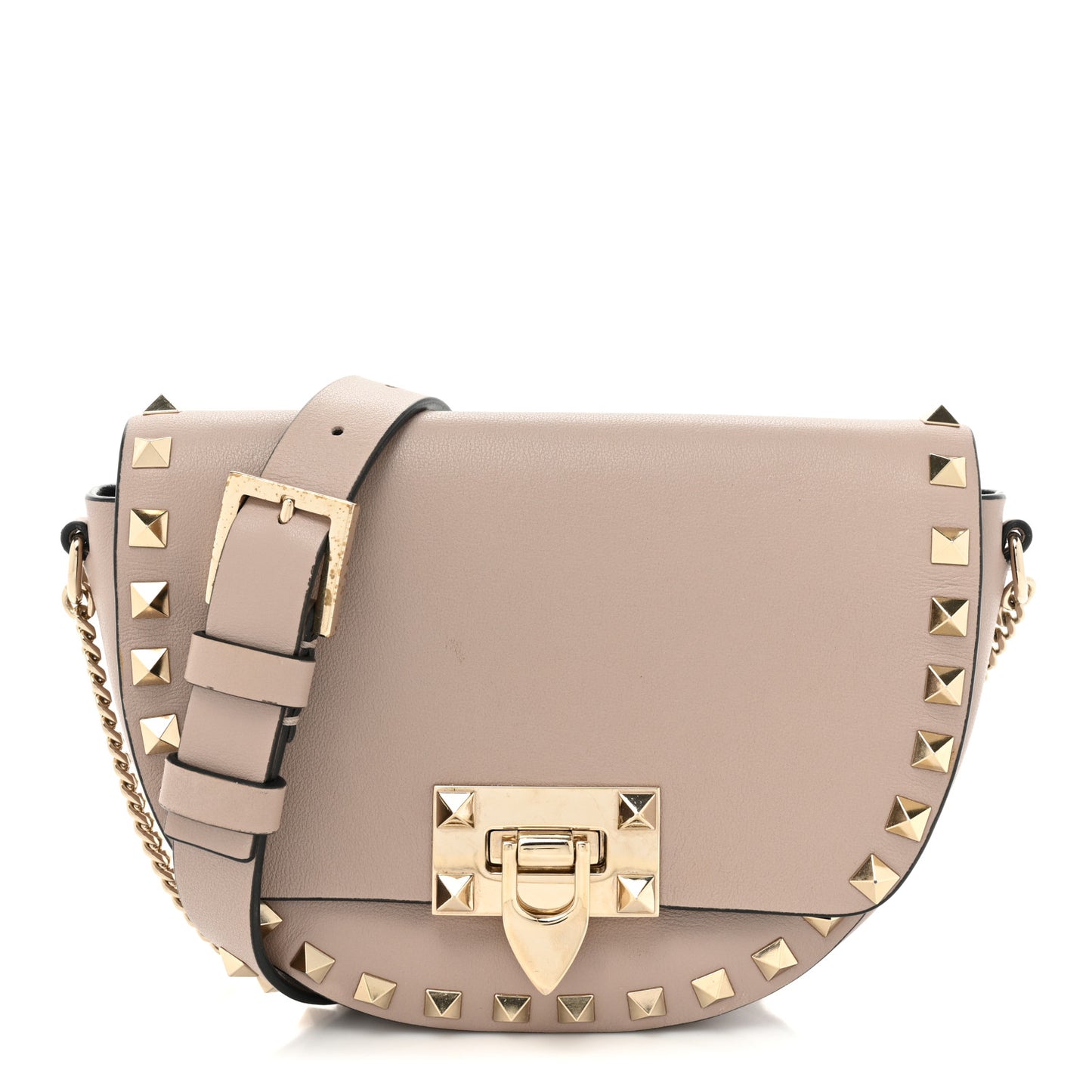 Vitello Rockstud Flip Lock Flap Saddle Crossbody Bag Poudre