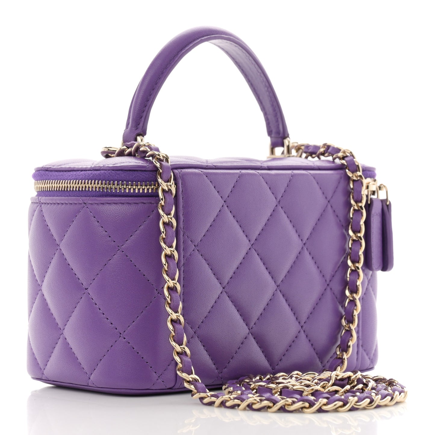 Lambskin Quilted Small Top Handle Vanity Case With Chain Purple