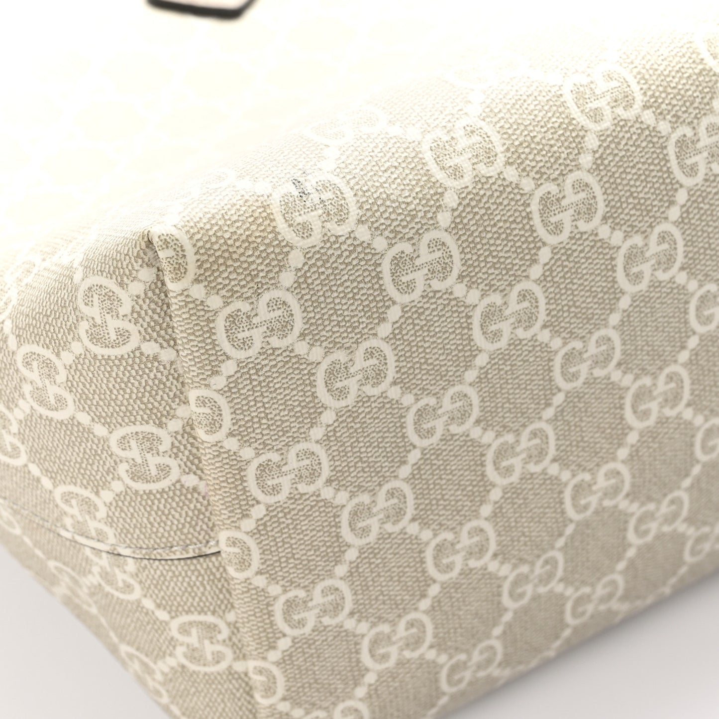 GG Supreme Monogram Textured Dollar Calfskin Web Medium Ophidia Shopping Tote Beige Mystic White Oatmeal