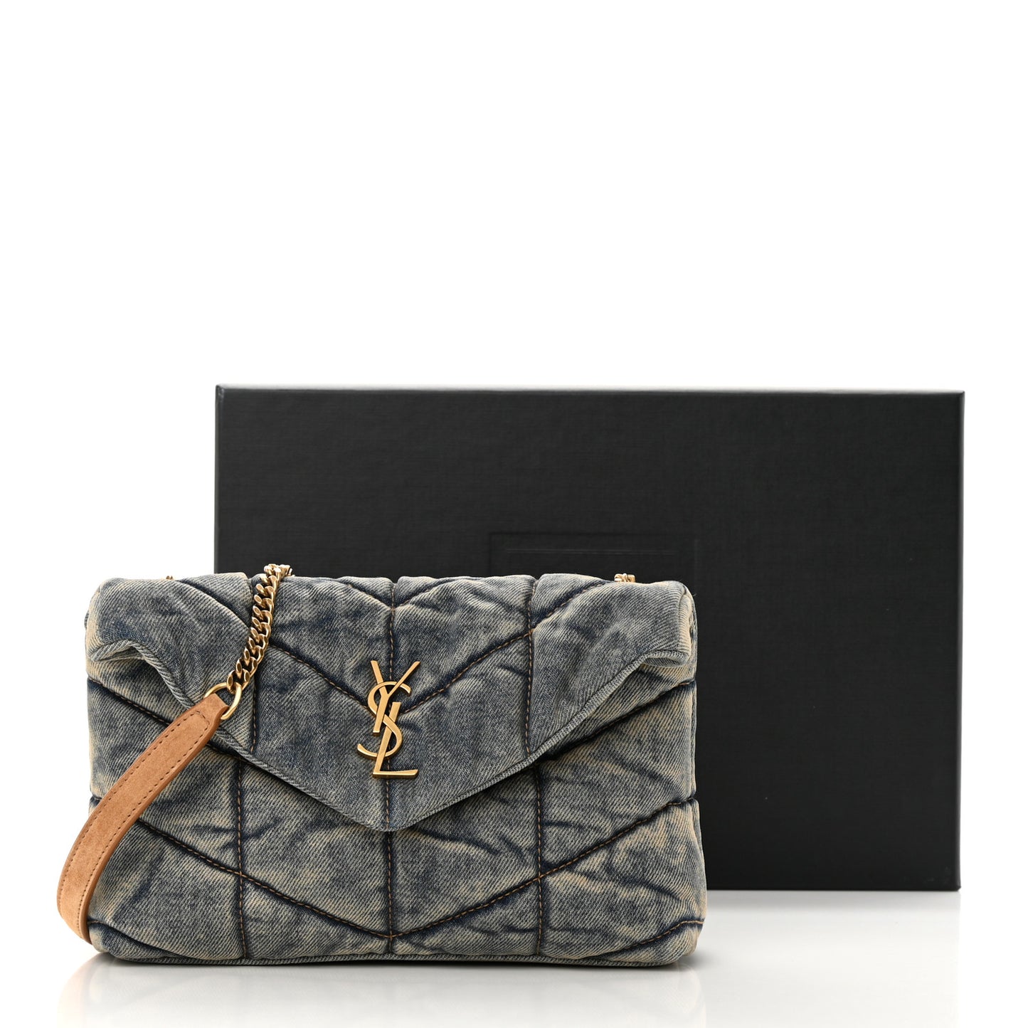 Denim Quilted Toy Loulou Puffer Monogram Chain Satchel Blue Cinnamon