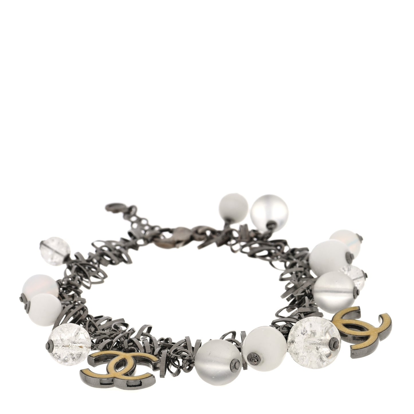 Metal Crystal CC Bead Charm Bracelet Ruthenium Gold White