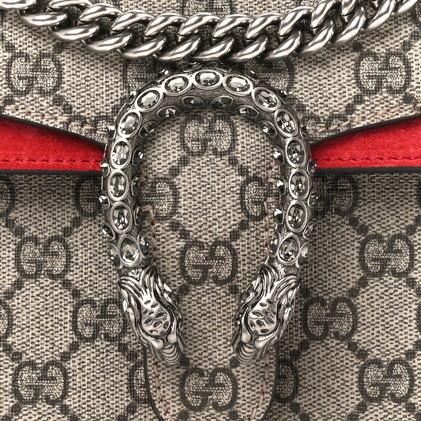 GG Supreme Monogram Suede Crystal Small Dionysus Shoulder Bag Beige Ebony Vulcanic Red