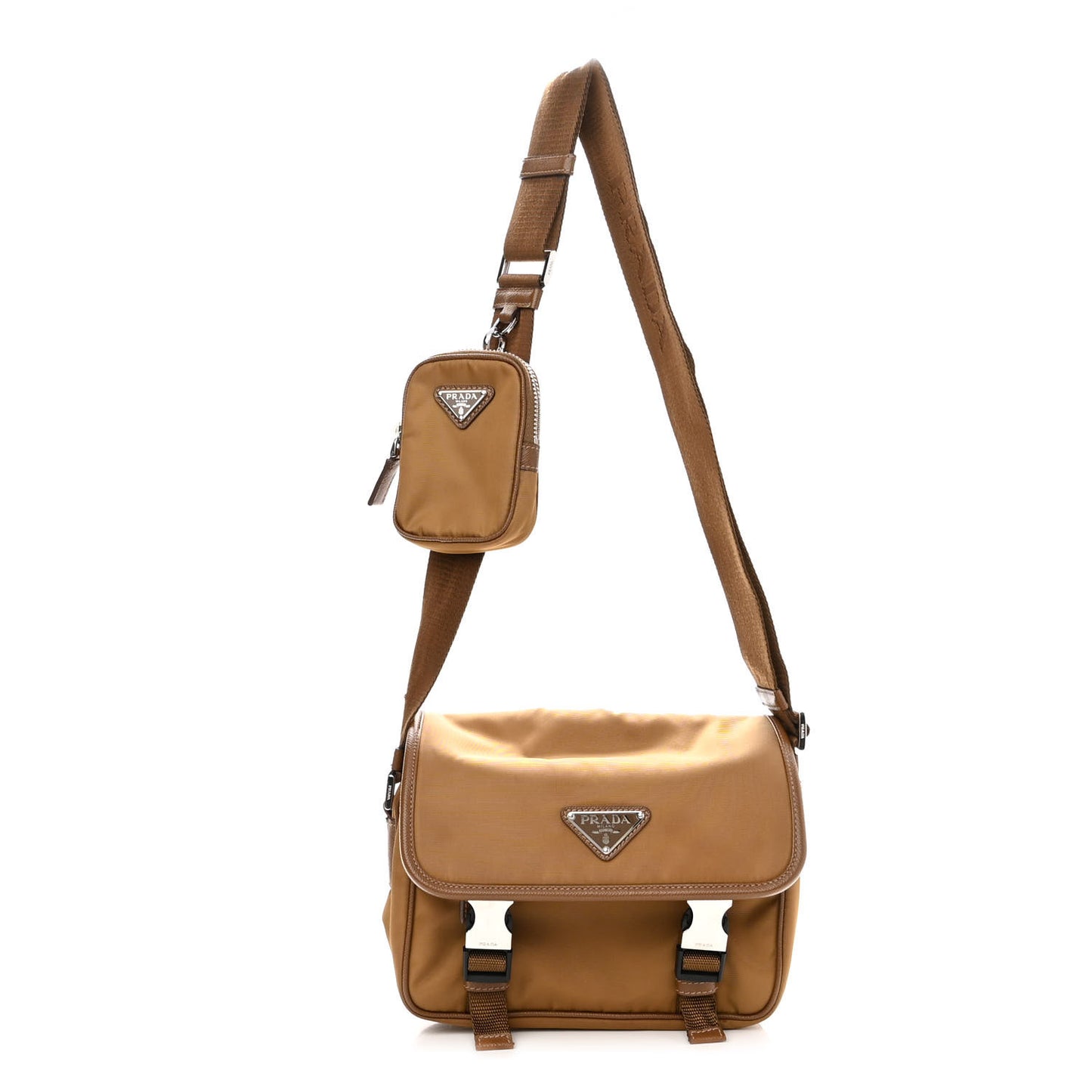 Re-Nylon Saffiano Pocket Double Snap Buckle Shoulder Bag Tabacco